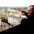 Hamish points out over the skyline of Oxford