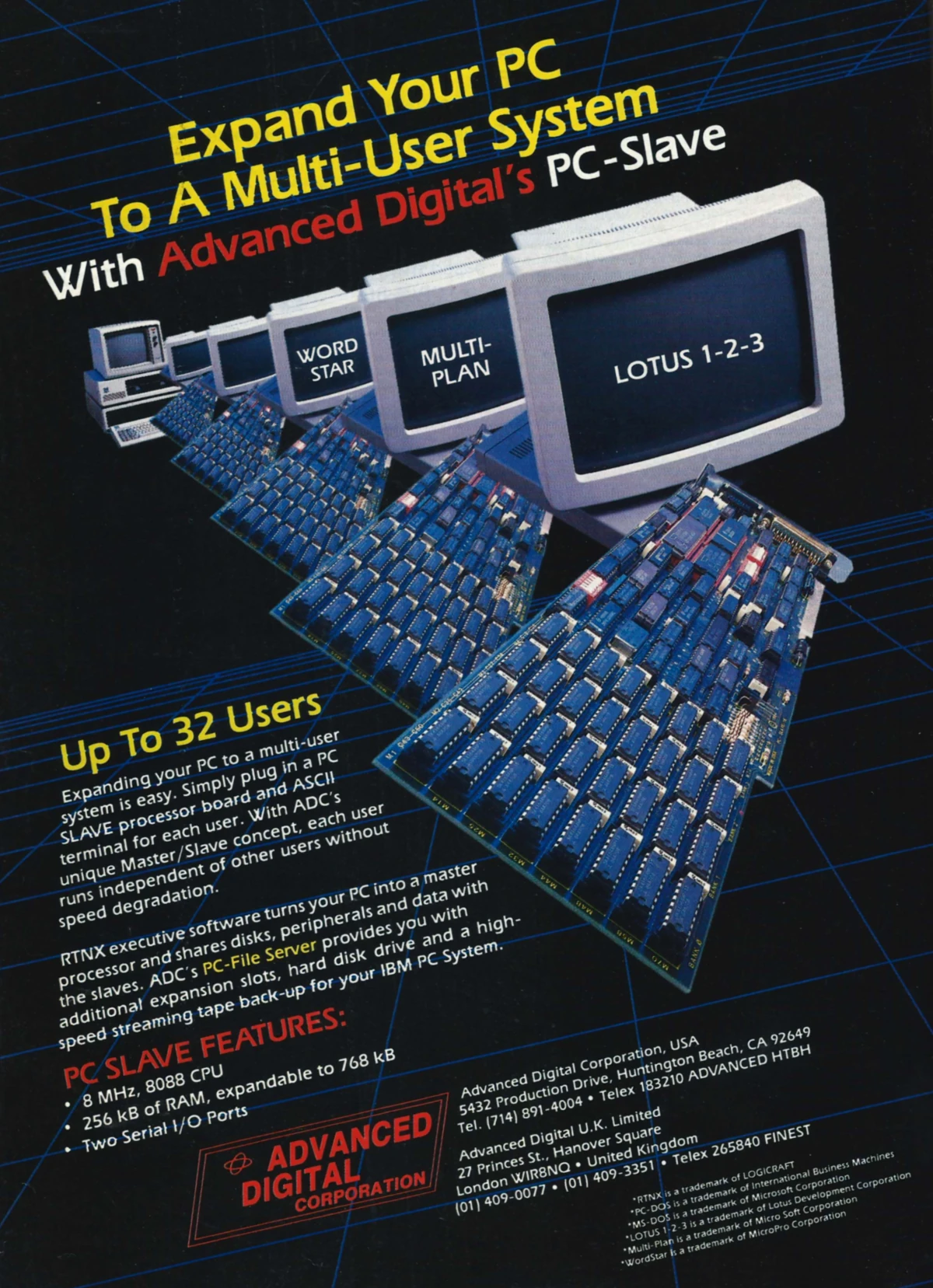 An Advanced Digital Corporation advert for its multi-user plug-in card to turn the standard IBM PC into a 32-user system. From Personal Computer World, March 1985.