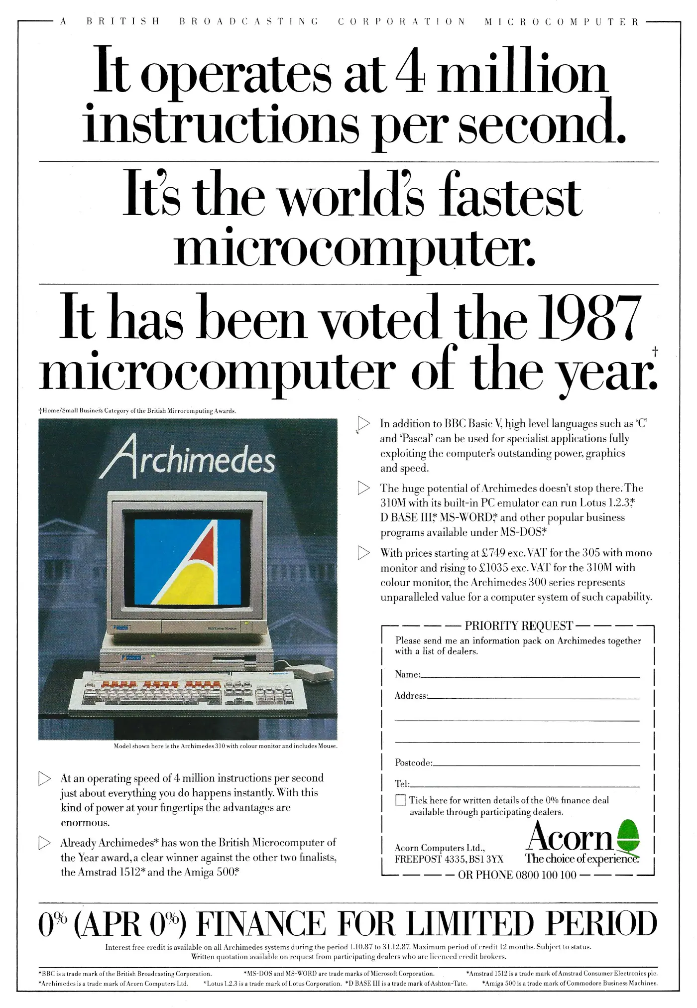 Acorn Advert: Archimedes: 1987 Microcomputer of the year, from Personal Computer World, January 1988