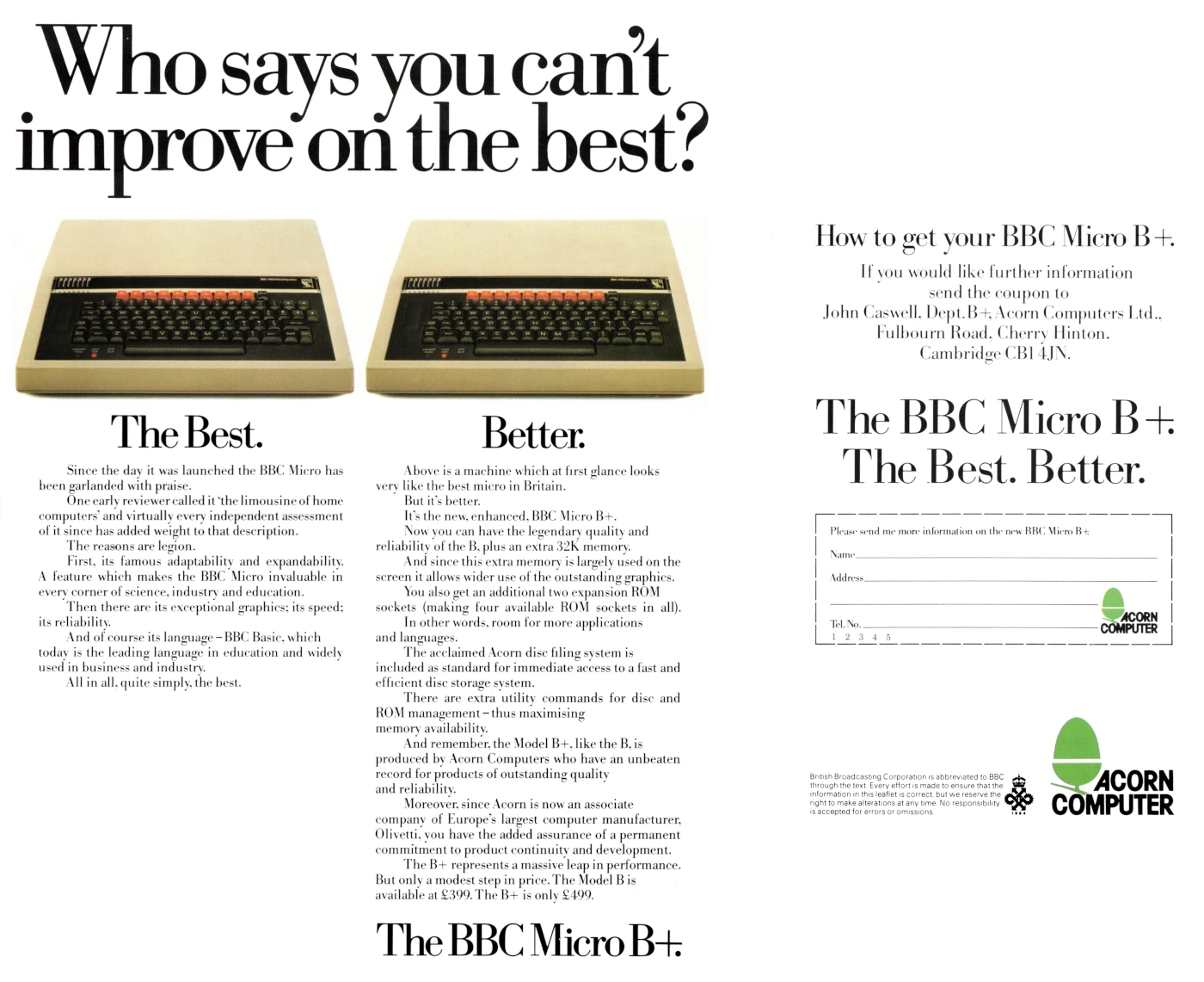 Acorn Advert: Who says you can't improve on the best?, from Practical Computing, July 1985