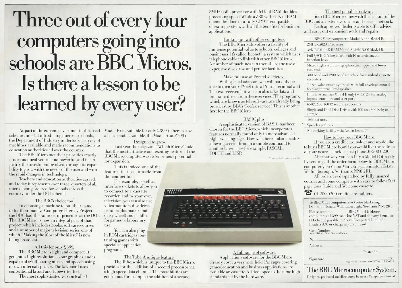 Acorn Advert: Three out of every four computers going into schools are BBC Micros, from Personal Computer World, March 1983