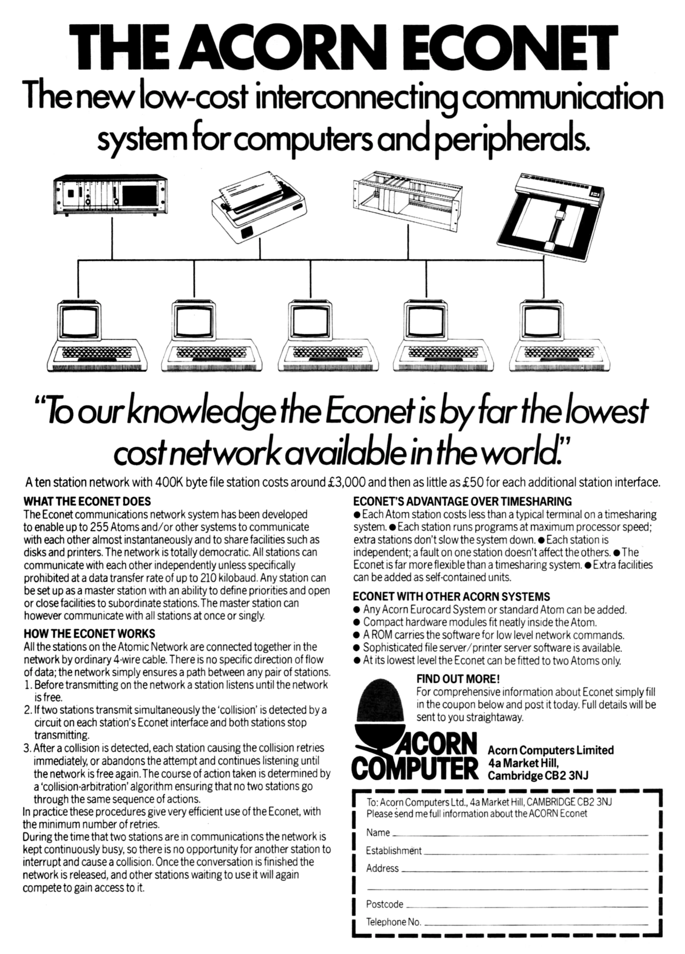 Acorn Advert: The Acorn Econet: the new low-cost interconnecting communication system for computers and peripherals, from Practical Computing, August 1981