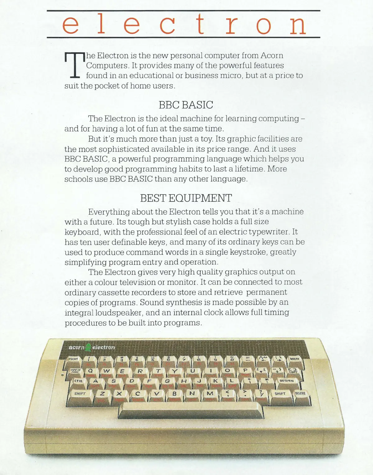The inside-front page from the A5 Electron sales booklet, describing its BASIC  language and equipment features