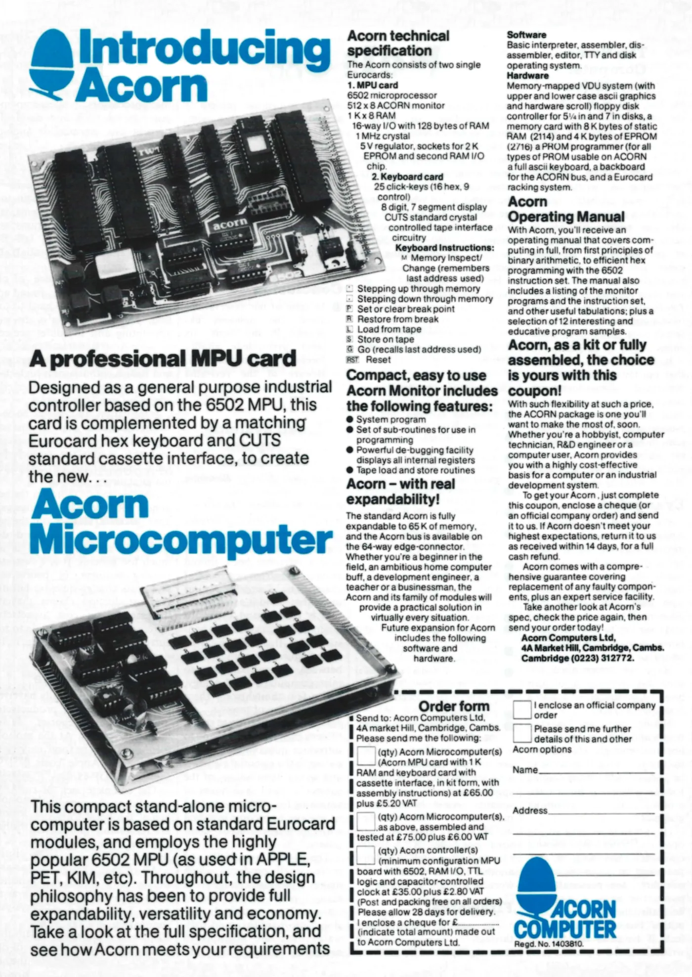 Acorn Advert: Introducing Acorn: A professional MPU card, from Practical Computing, May 1979