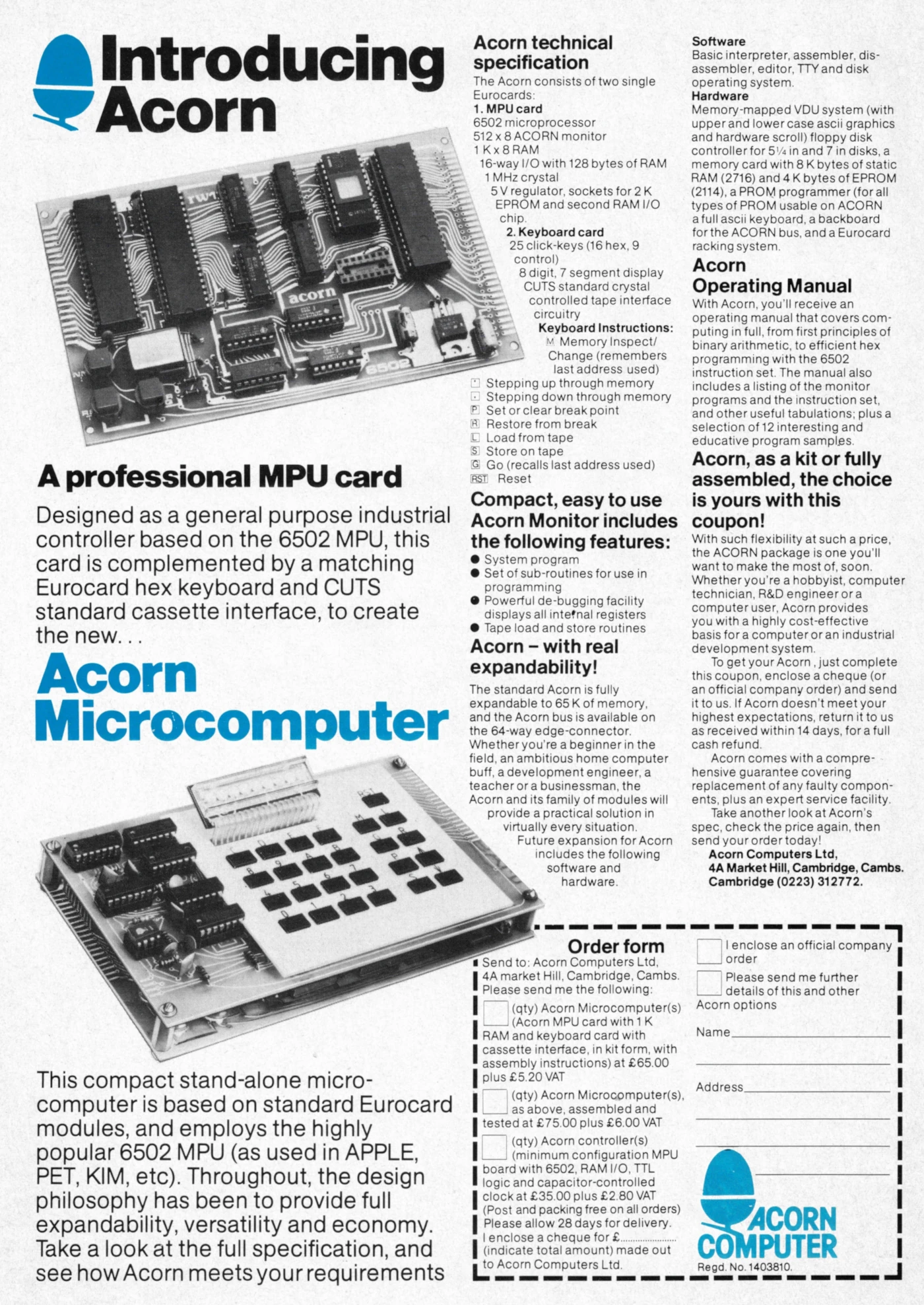 Acorn Advert: Introducing Acorn: A professional MPU card, from Personal Computer World, March 1979