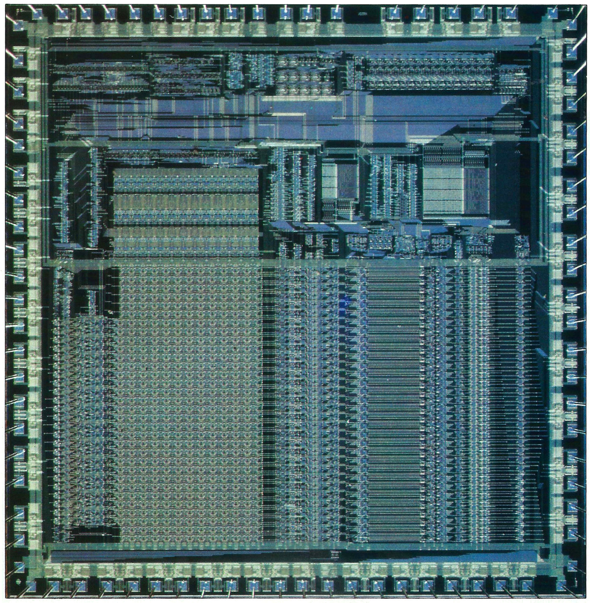 Acorn's original RISC CPU, containing 25,000 logic gates. The larger area to the bottom left is the chip's registers. The layout was optimised around this as most activity on a RISC chip is based on register transfers. From Practical Computing, October 1986