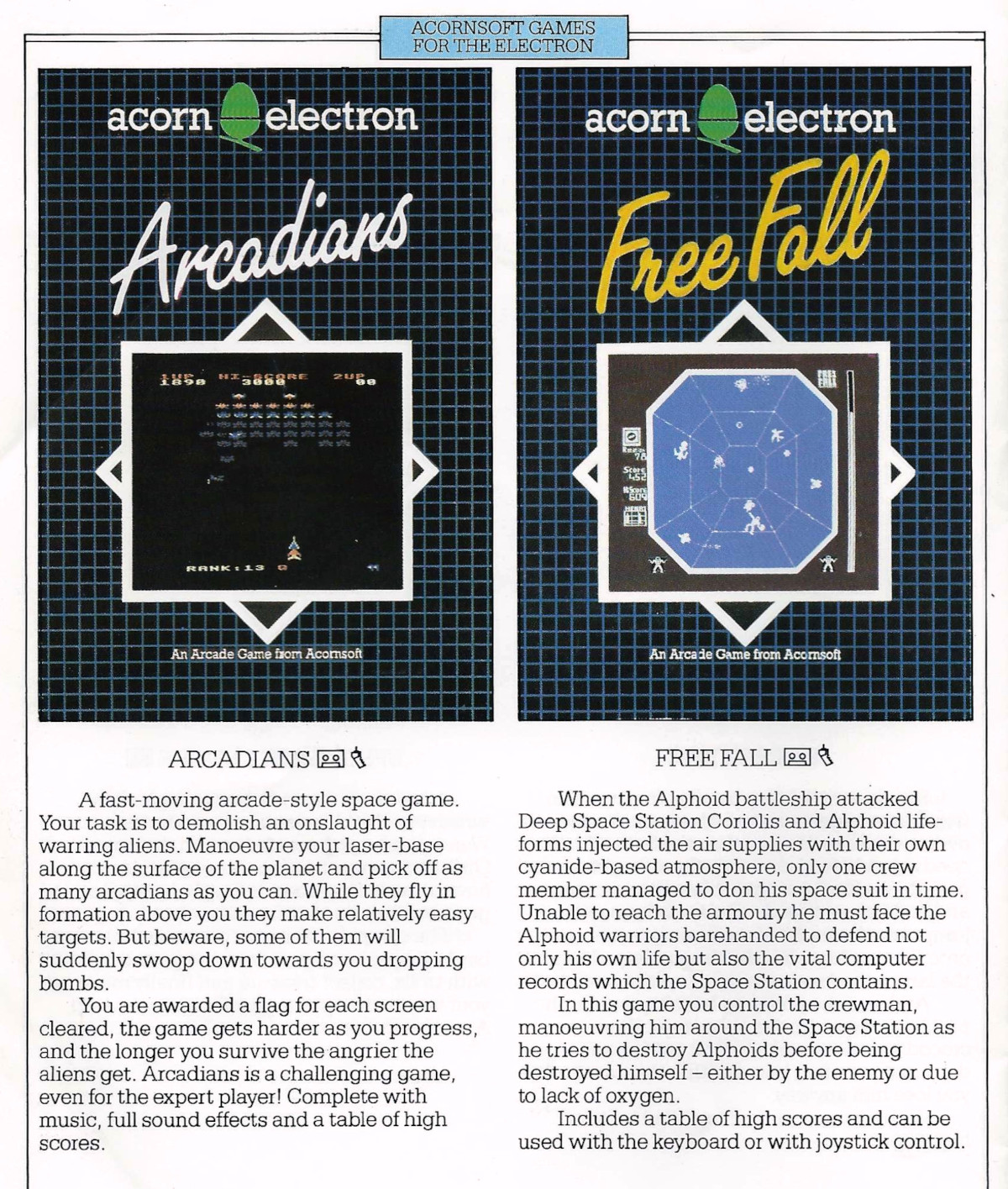 Part of a sales brochure for Acornsoft showing Freefall for the Acorn Electron - the 