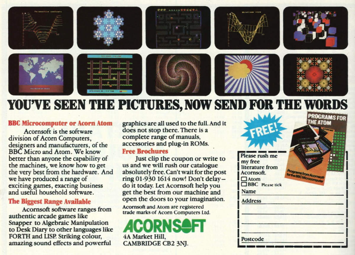 An advert for Acornsoft itself, as well as its <span class='hilite'><span class='hilite'><span class='hilite'>software</span></span></span> for the Atom and BBC Micro. From Personal Computer World, December 1982