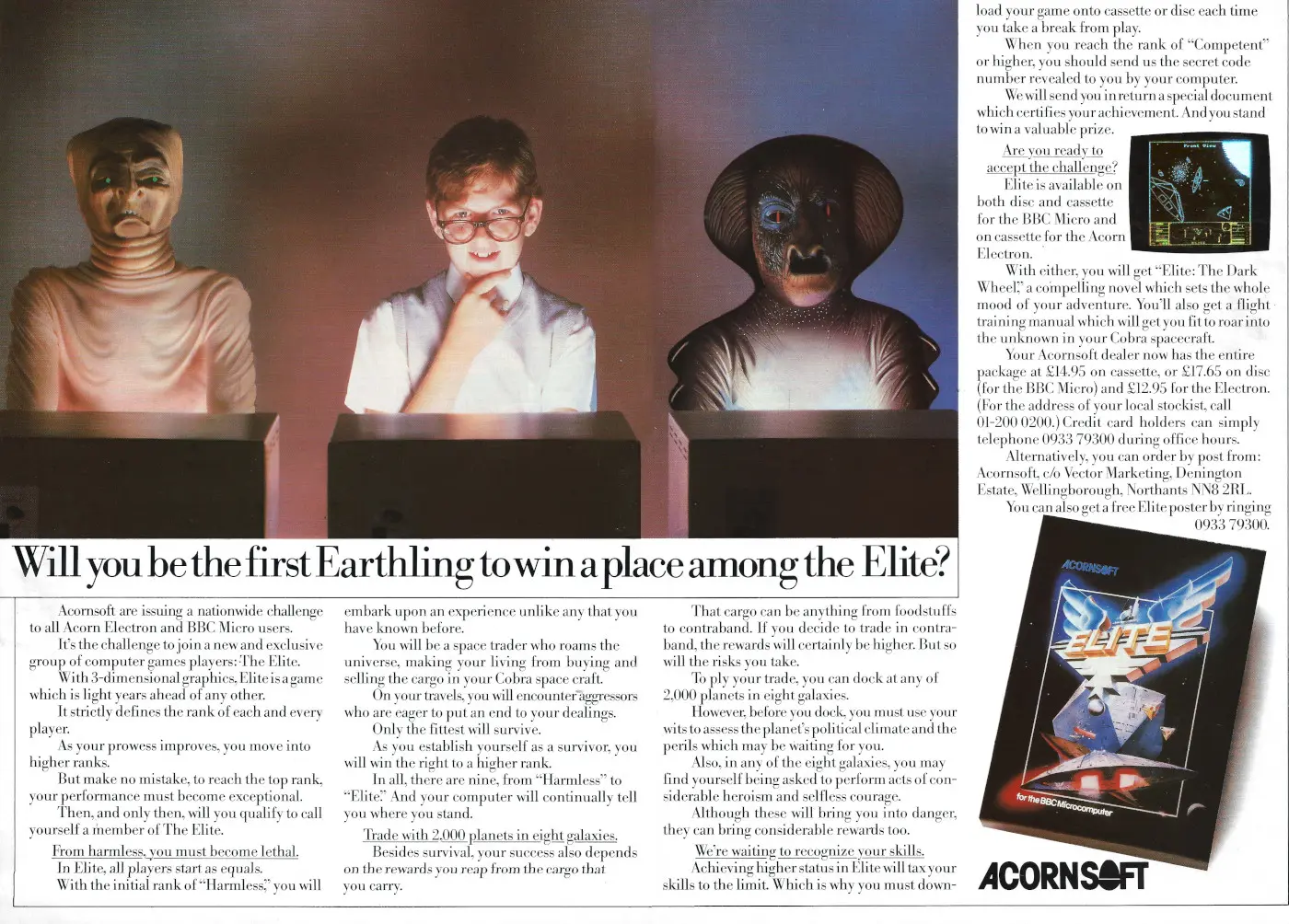 Acornsoft Advert: Will you be the first Earthling to win a place among the Elite?, from Acorn User, October 1984