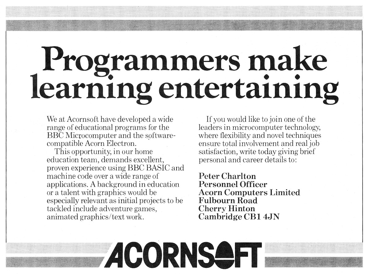 A recruitment advert for Acornsoft's educational <span class='hilite'><span class='hilite'><span class='hilite'>software</span></span></span> department. From Acorn User, October 1984