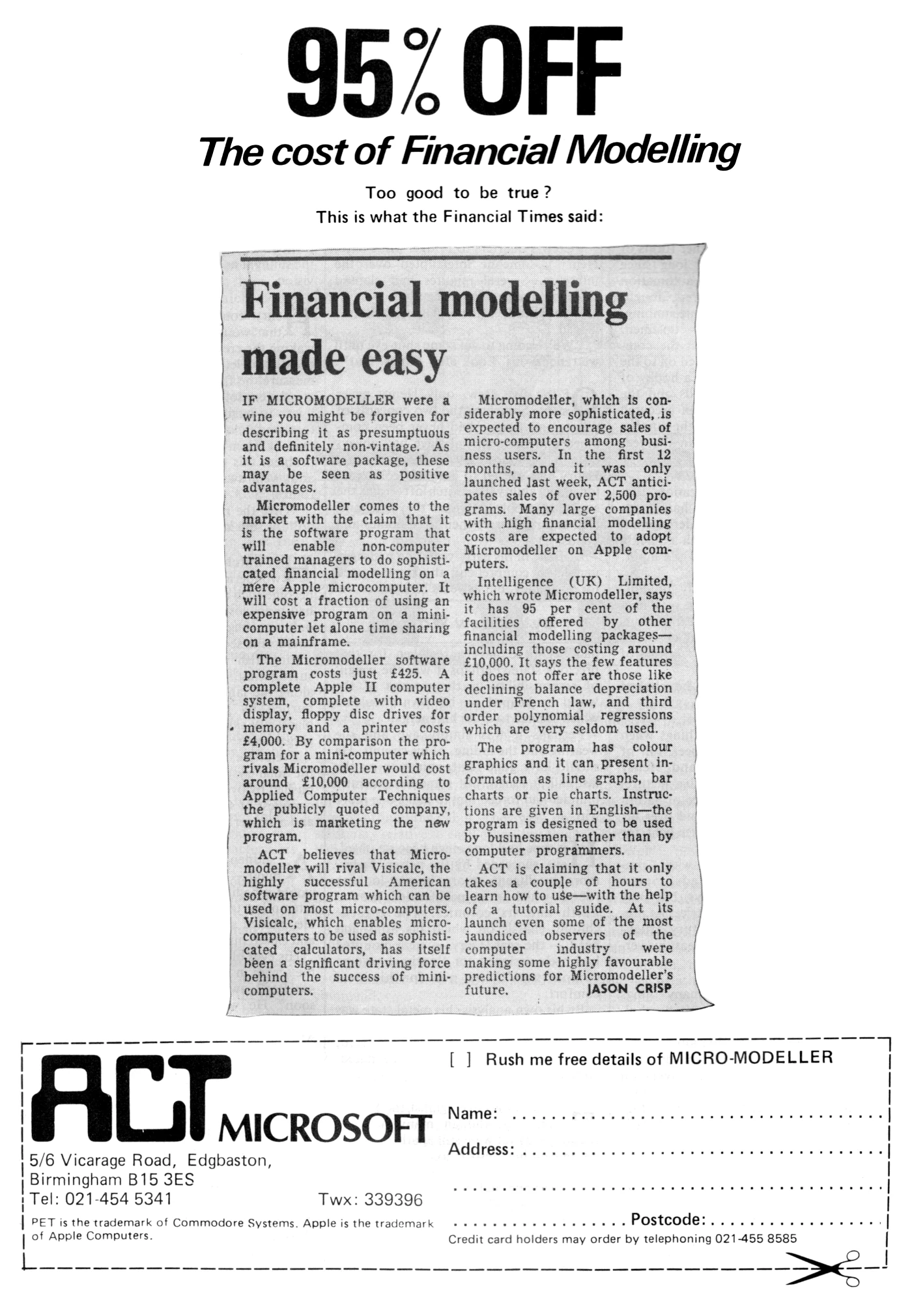 ACT/Apricot Advert: 95% off the cost of financial modelling, from Practical Computing, April 1981