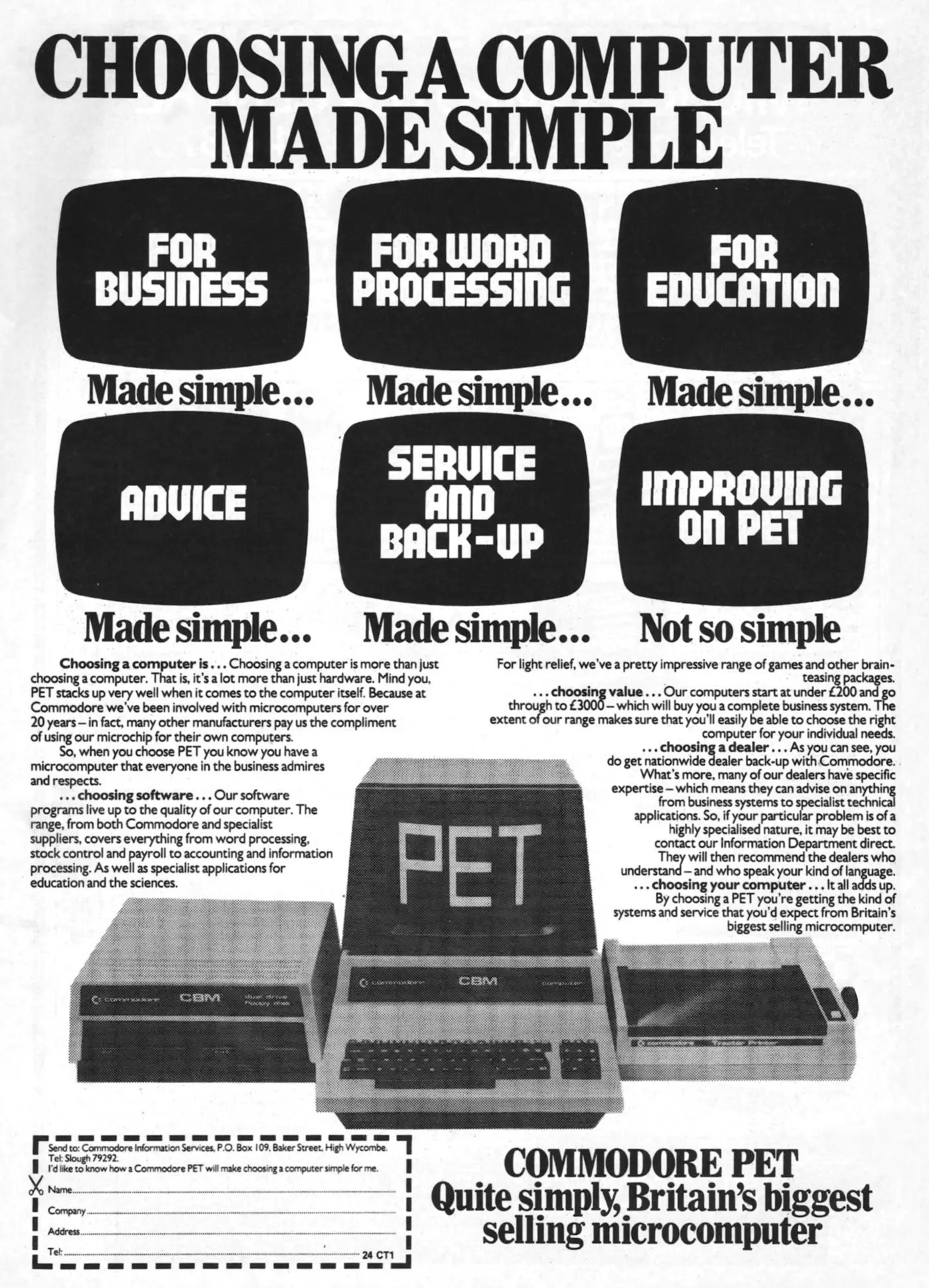 Commodore Advert: Commodore PET: Choosing a Computer Made Simple, from Computing Today, September 1981