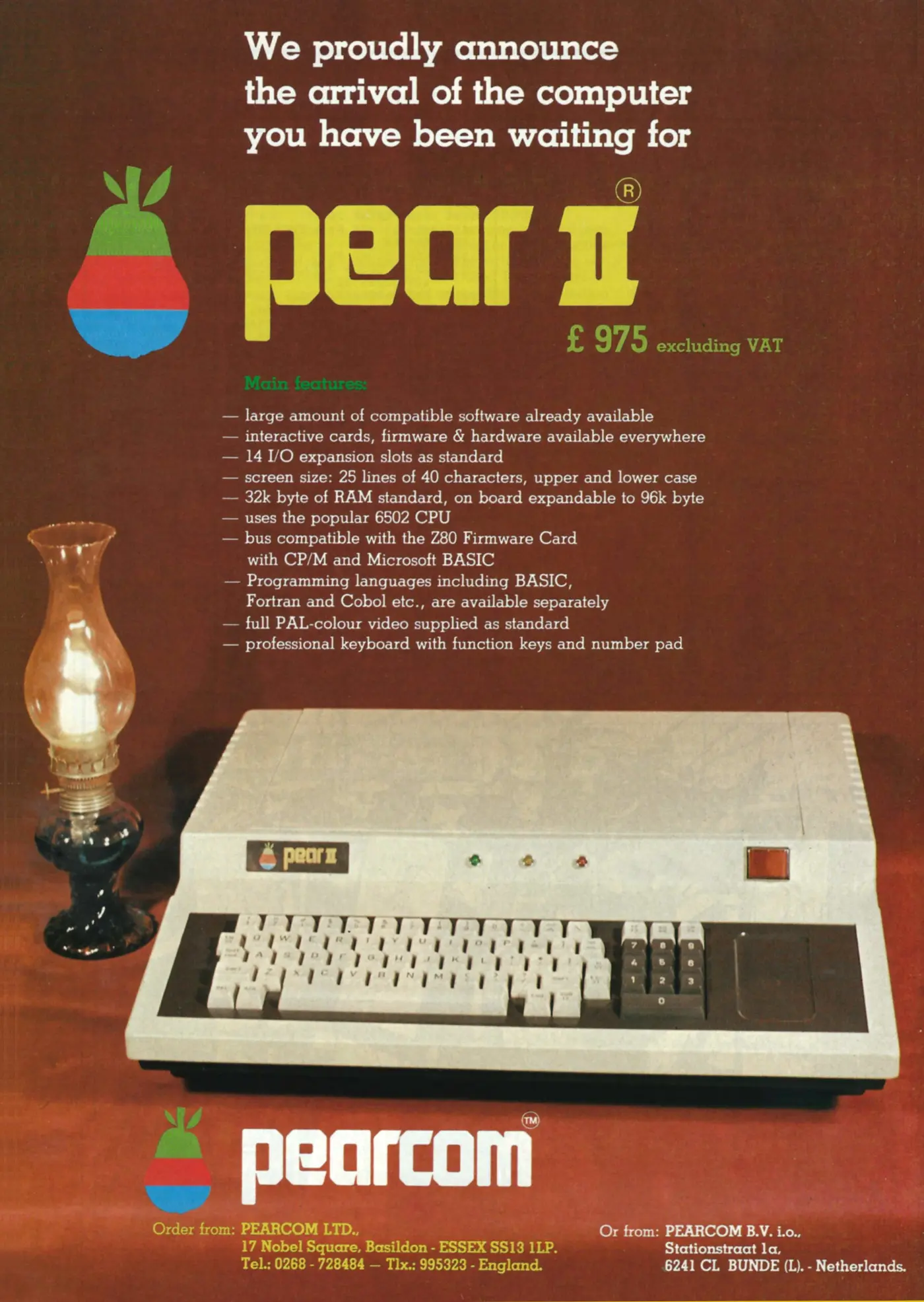 Pearcom Advert: Pear II - we proudly announce the arrival of the computer you have been waiting for, from Computing Today, September 1981