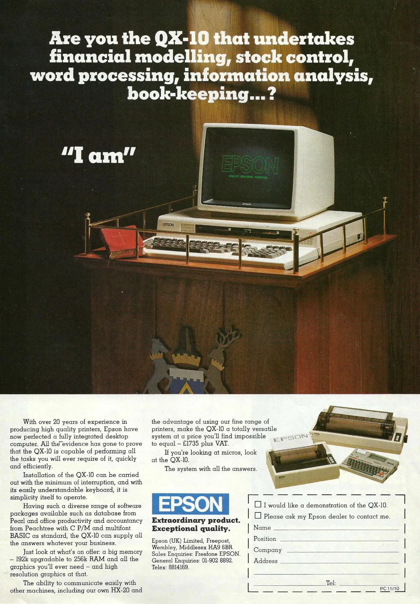 Epson Advert: <b>Are you the QX-10 that undertakes financial modelling, stock control, book-keeping...?</b>, from Computing Today, May 1983