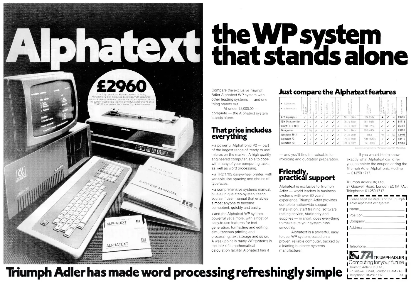 Triumph-Adler Advert: <span class='hilite'>Alphatext</span>: the WP system that stands alone, from Personal Computer World, June 1983