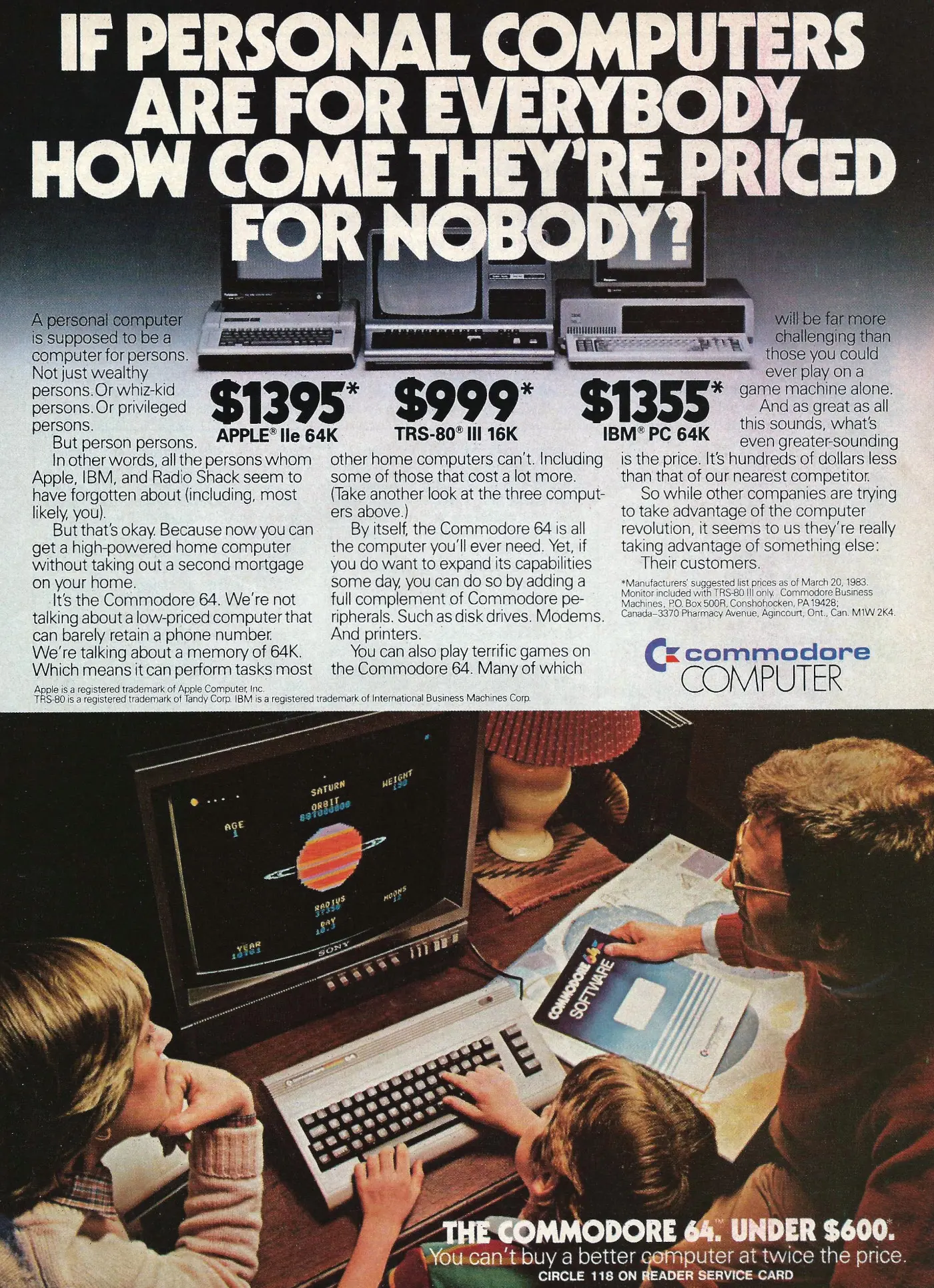 Commodore Advert: The Commodore 64.  Under $600, from Creative Computing, August 1983