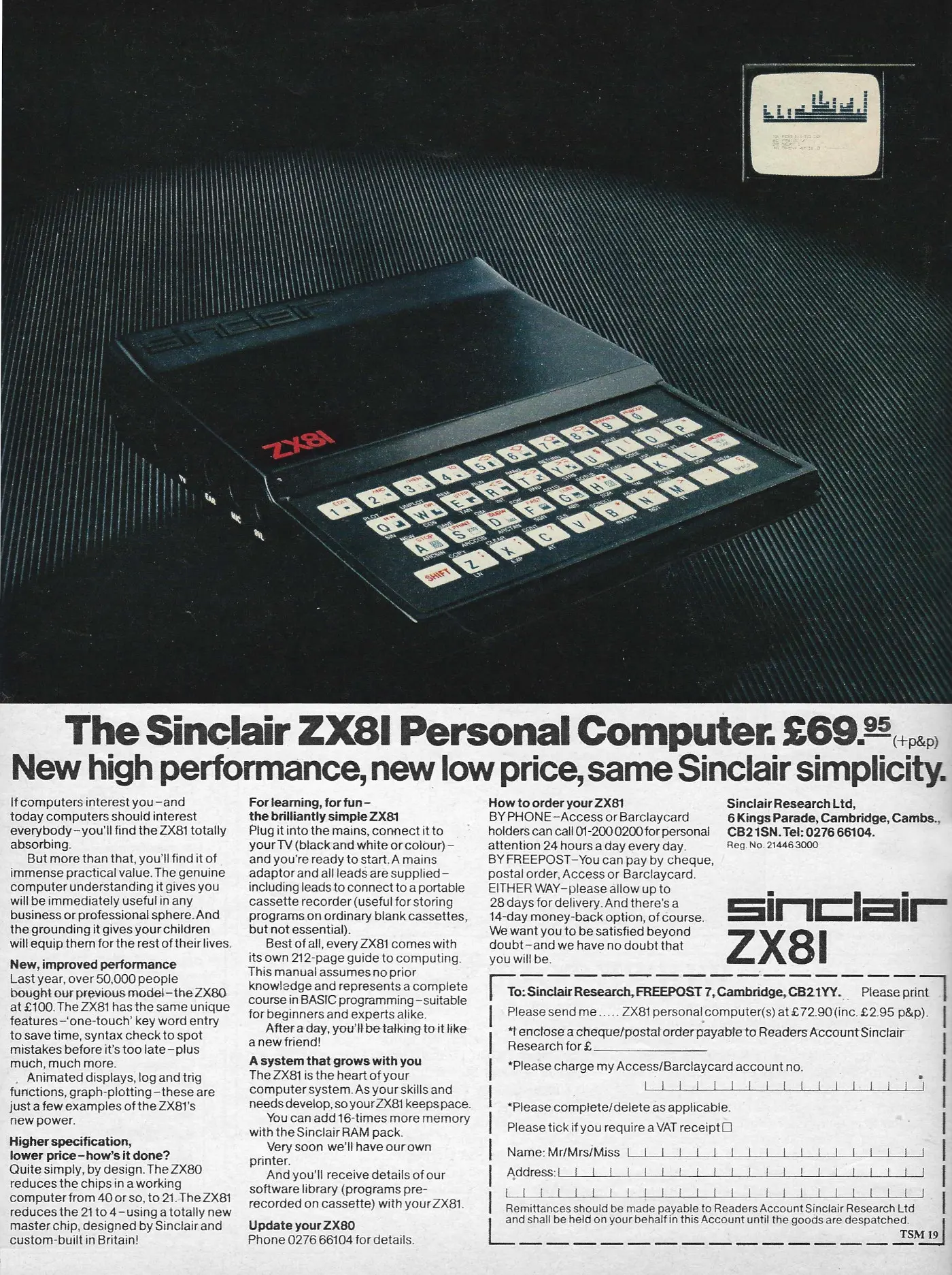 Sinclair Advert: The Sinclair ZX81 Personal Computer - New High Performance, New Low Price, Same Sinclair Simplicity, from Sunday Telegraph, September 1981