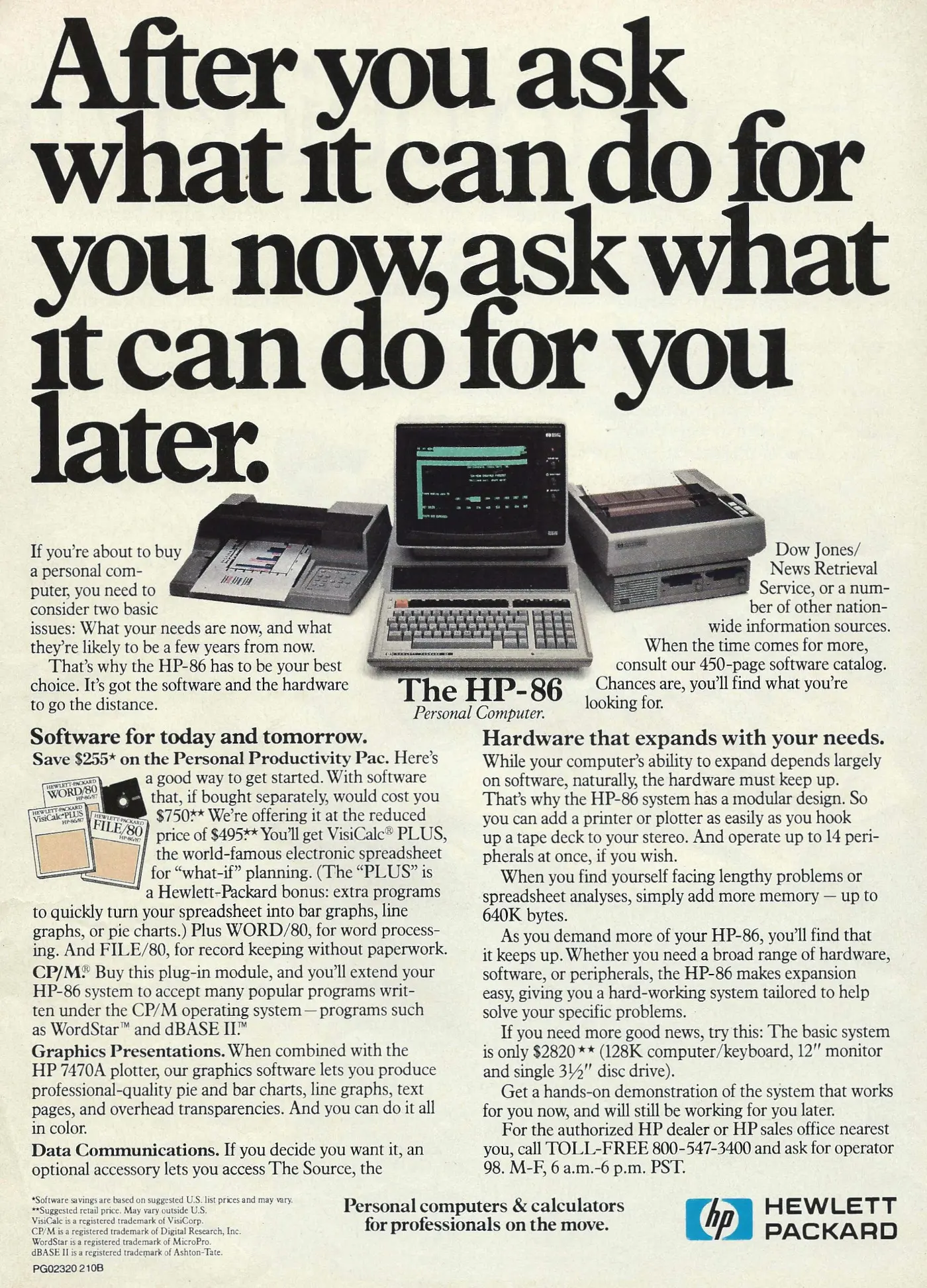 Hewlett-Packard Advert: After you ask what it can do for you now, ask what it can do for you later: HP-86, from US Magazine, 1983