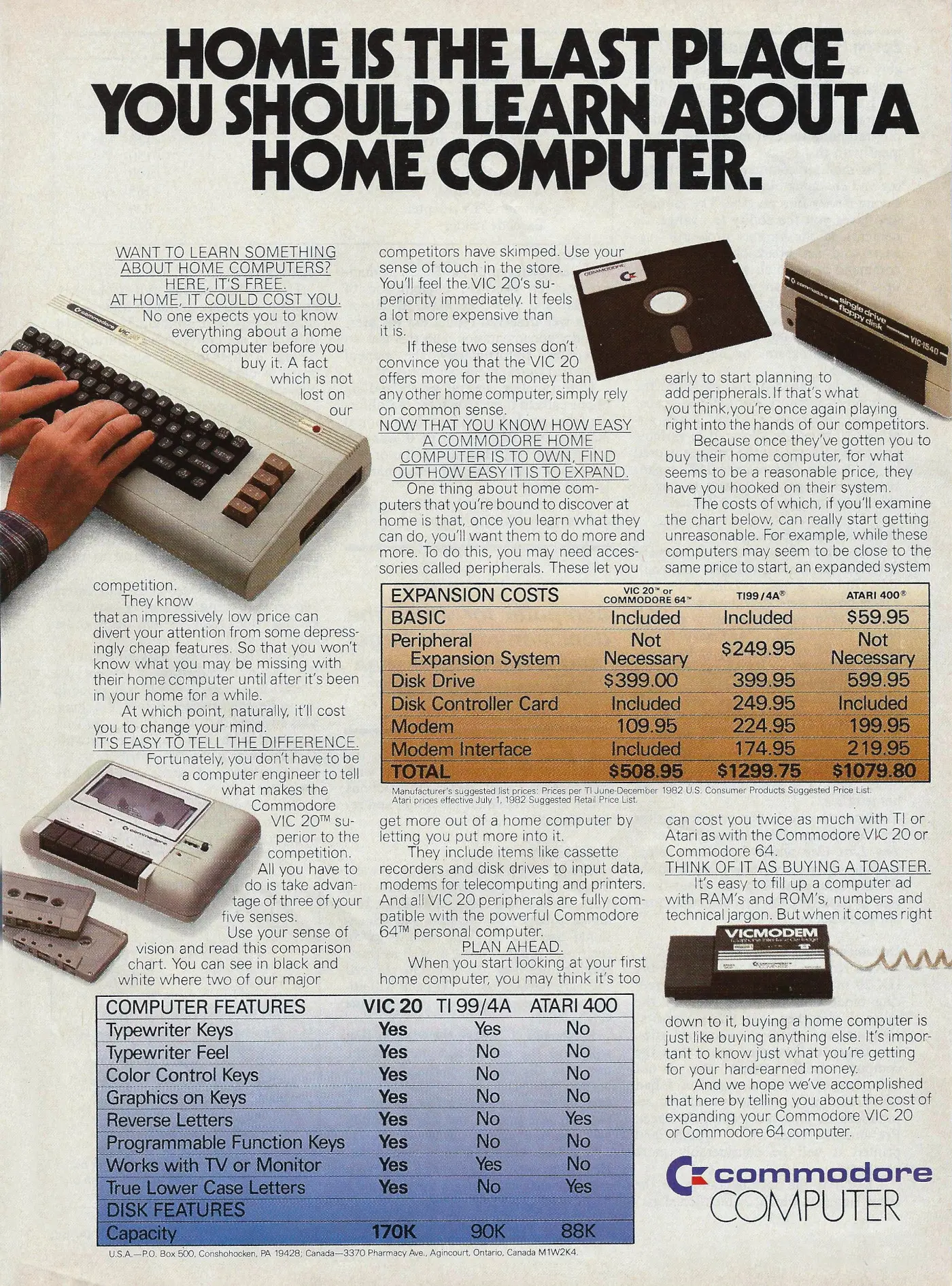Commodore Advert: Home is the last place you should learn about a home computer, from Creative Computing, March 1983