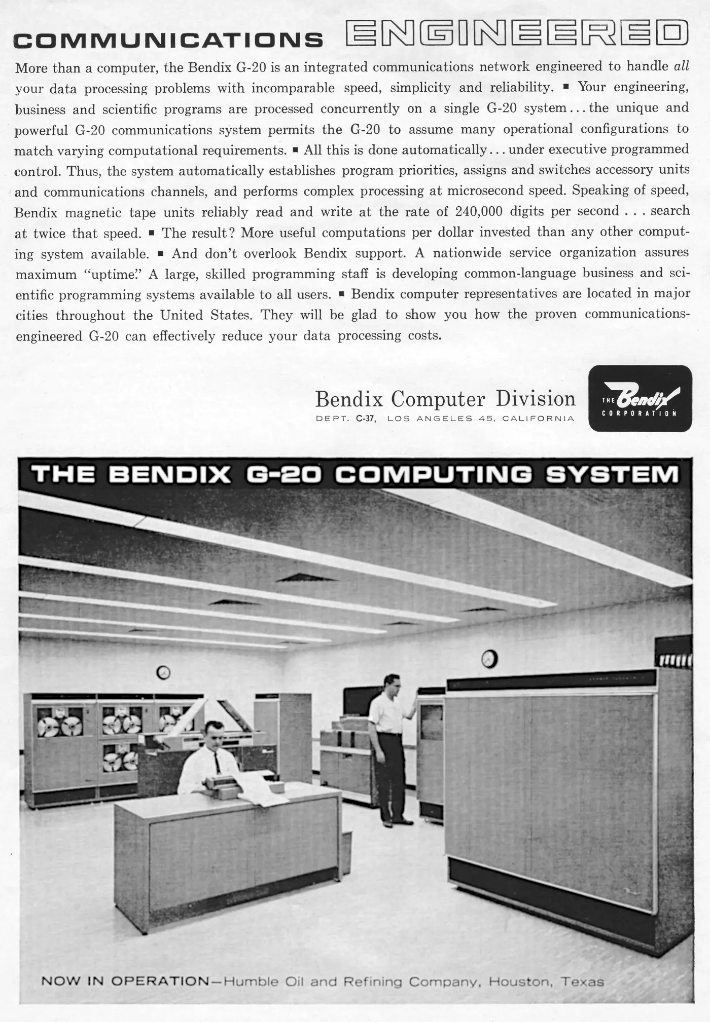 Bendix Advert: Communications Engineered: The Bendix G-20 Computer System, from Unknown, 1962