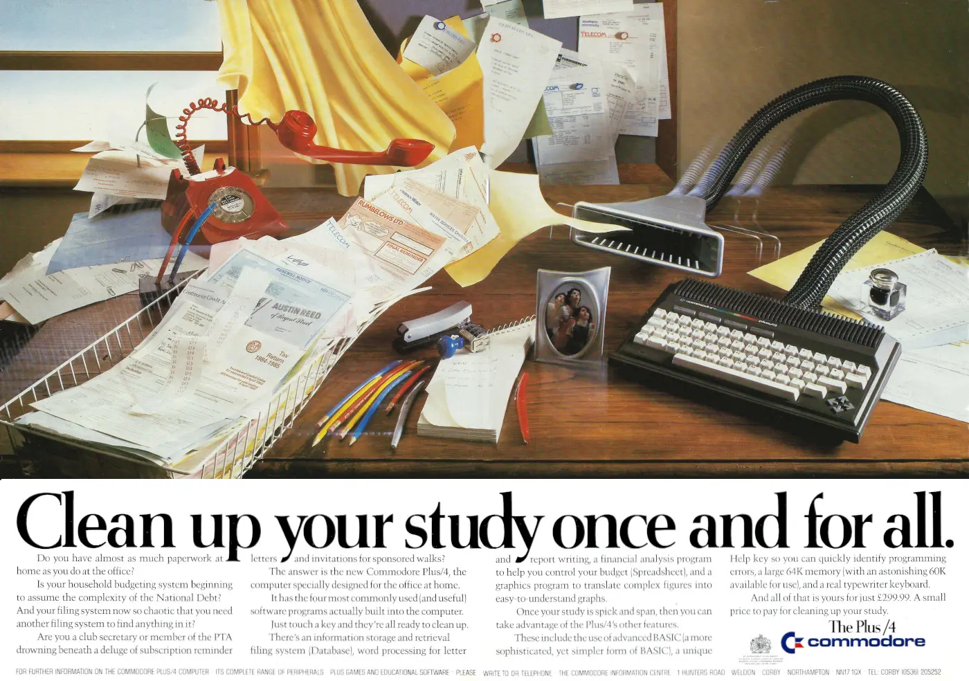 Commodore Advert: <b>Commodore Plus/4: Clean up your study once and for all</b>, from Business Magazine, July 1984
