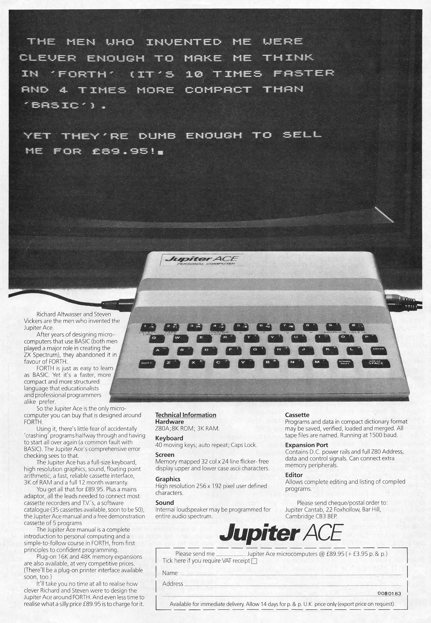 Jupiter Cantab Advert: The Jupiter Ace: Clever enough for Forth, dumb enough to sell for £90, from Practical Computing, May 1983