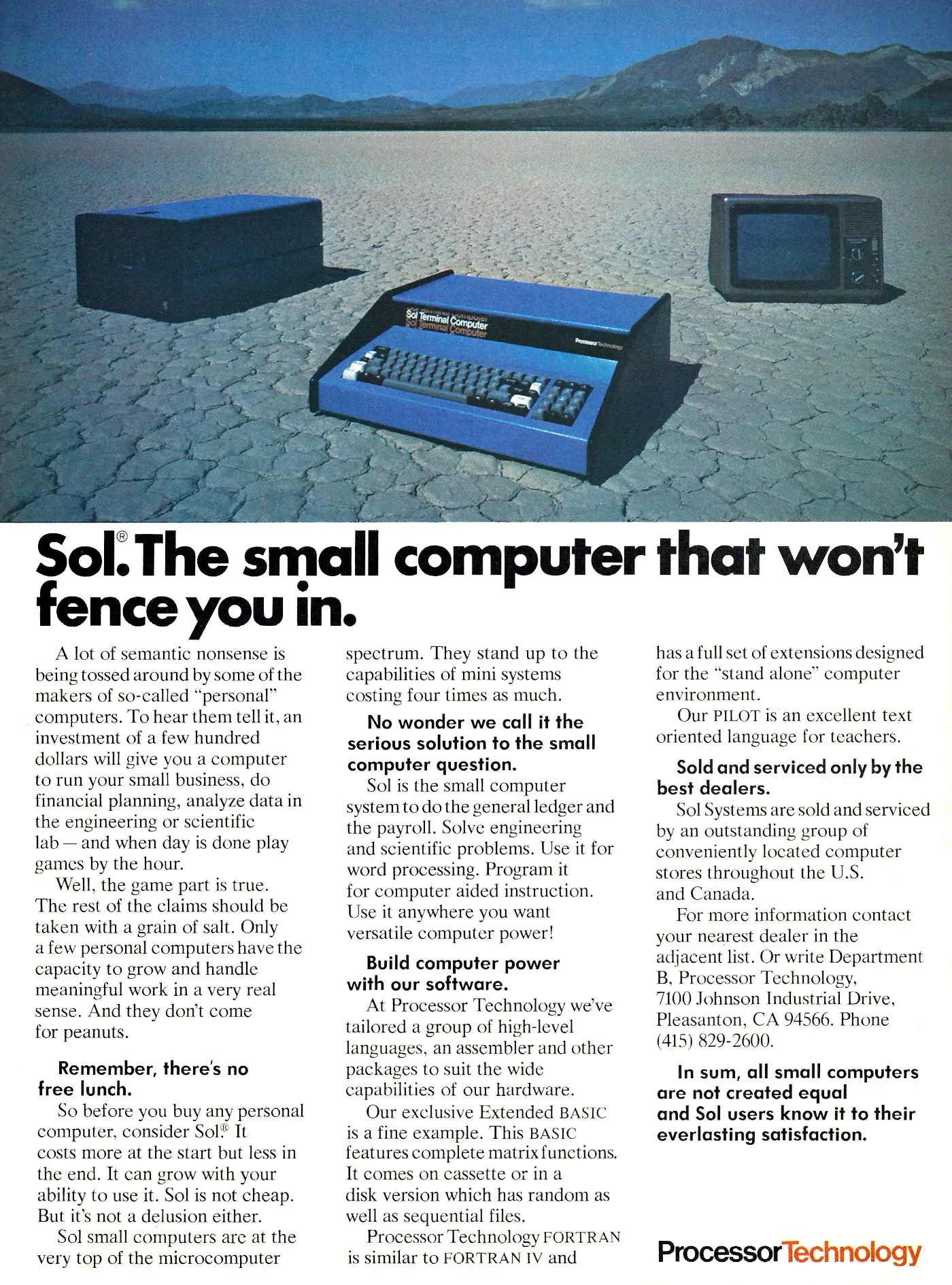 Processor Technology Advert: Sol. The small computer that won't fence you in, from Byte - The Small Systems Journal, December 1978