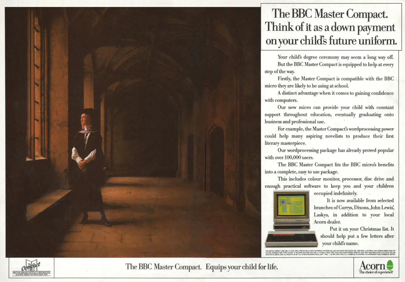 Acorn Advert: The BBC Master Compact: Think of it as a down payment on your child's future uniform, from The Micro User, November 1986