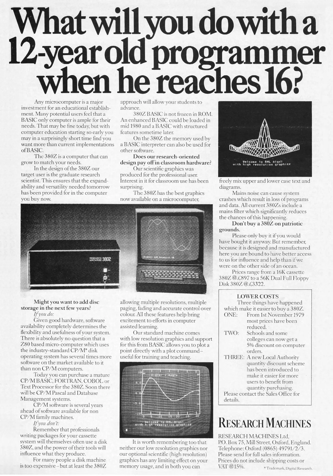 Research Machines Advert: What will you do with 12-year-old programmers when he reaches 16?, from Personal Computer World, October 1980