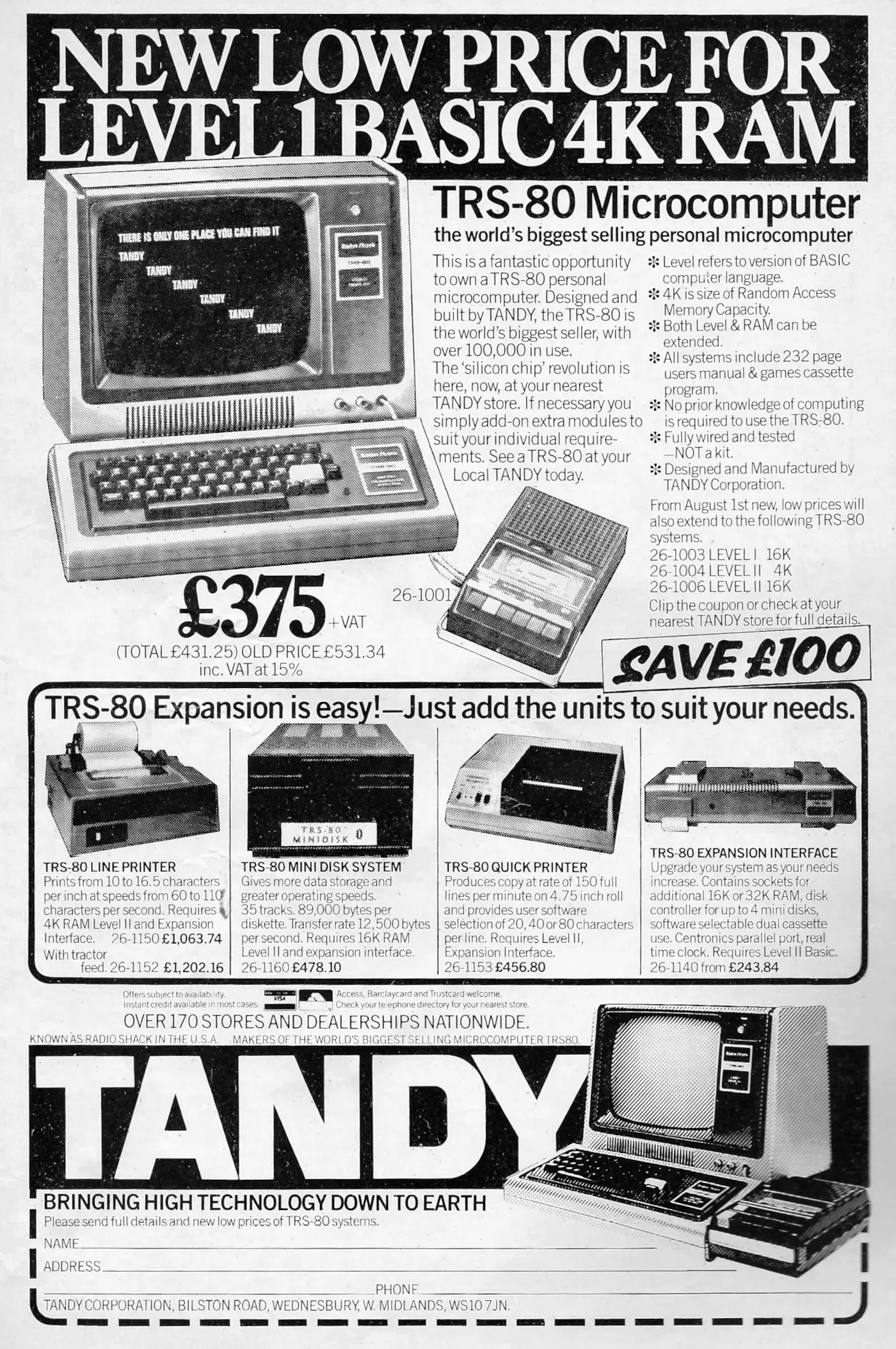 Tandy/Radio Shack Advert: New low price for Level 1 BASIC 4K RAM, from Personal Computer World, August 1979