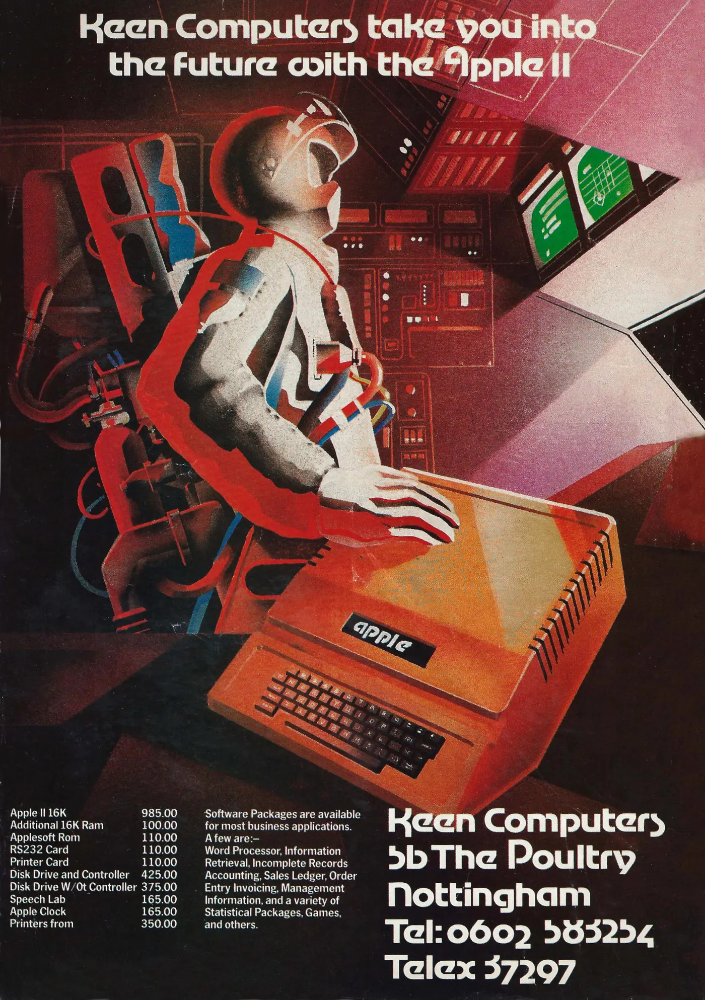 Apple Advert: Keen Computers takes you into the future with the Apple II, from Personal Computer World, August 1979