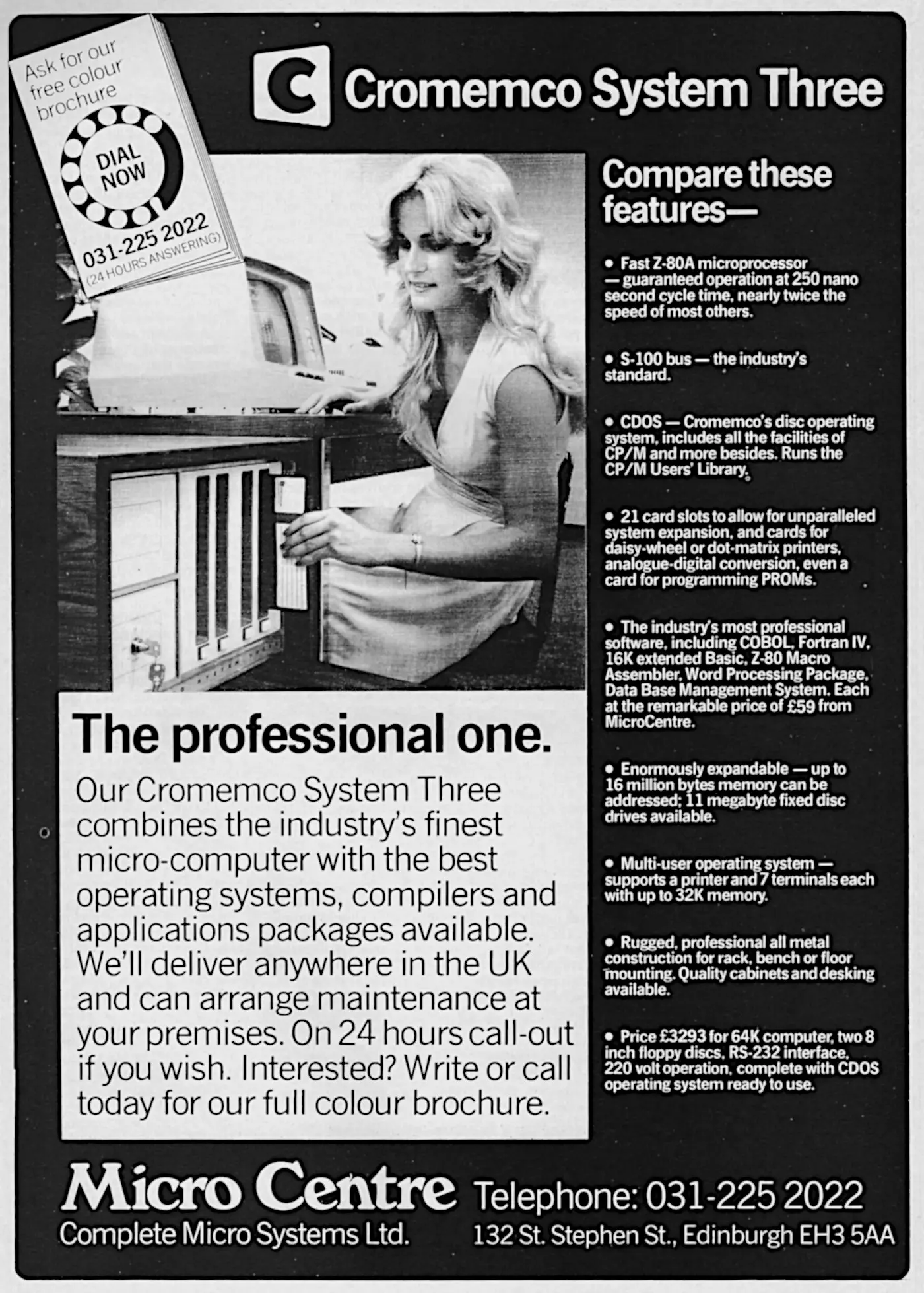 Cromemco Advert: Cromemco System Three - the professional one, from Personal Computer World, August 1979