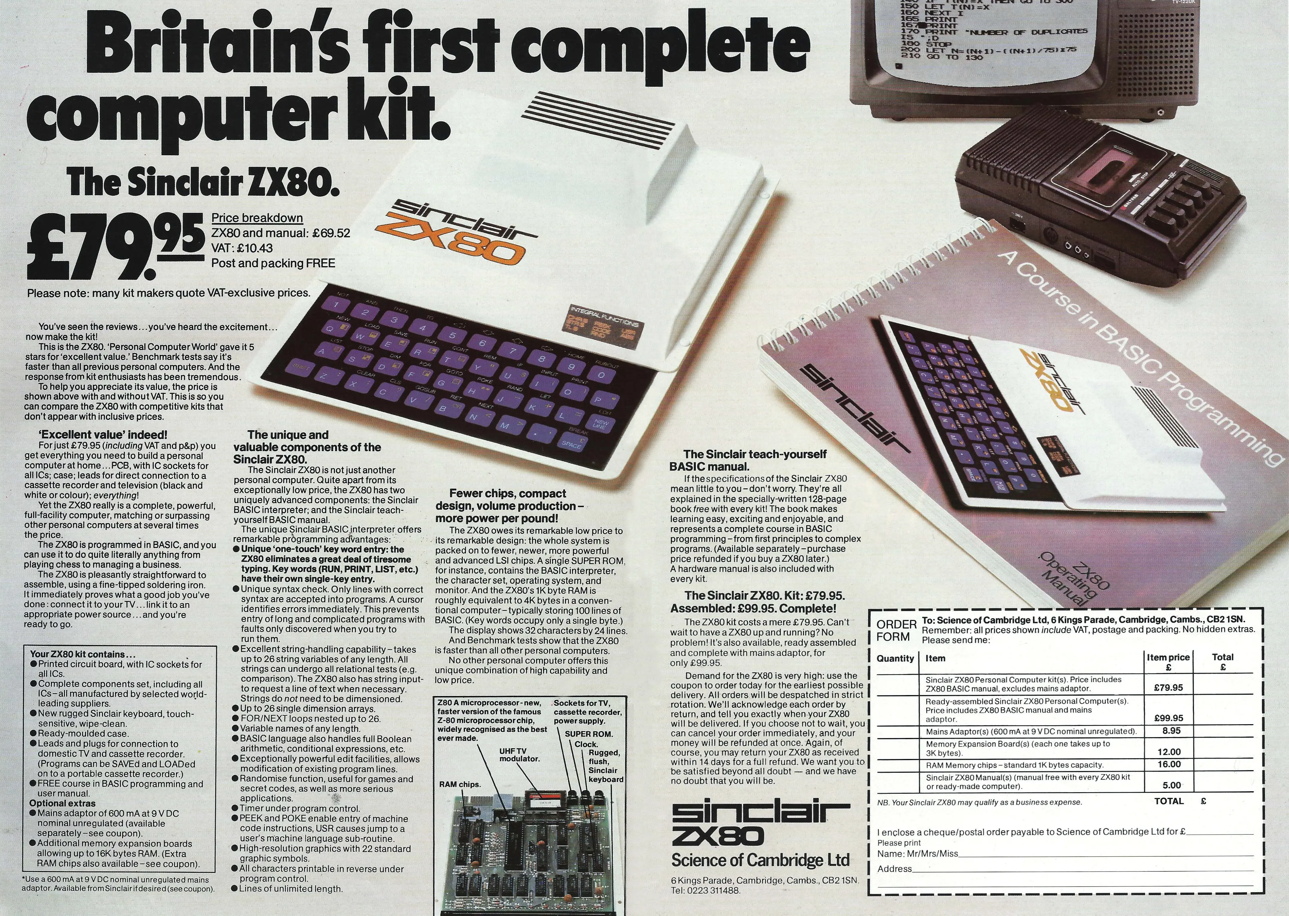 Sinclair Advert: Britain's first complete computer kit - Sinclair ZX-80, from Personal Computer World, October 1980