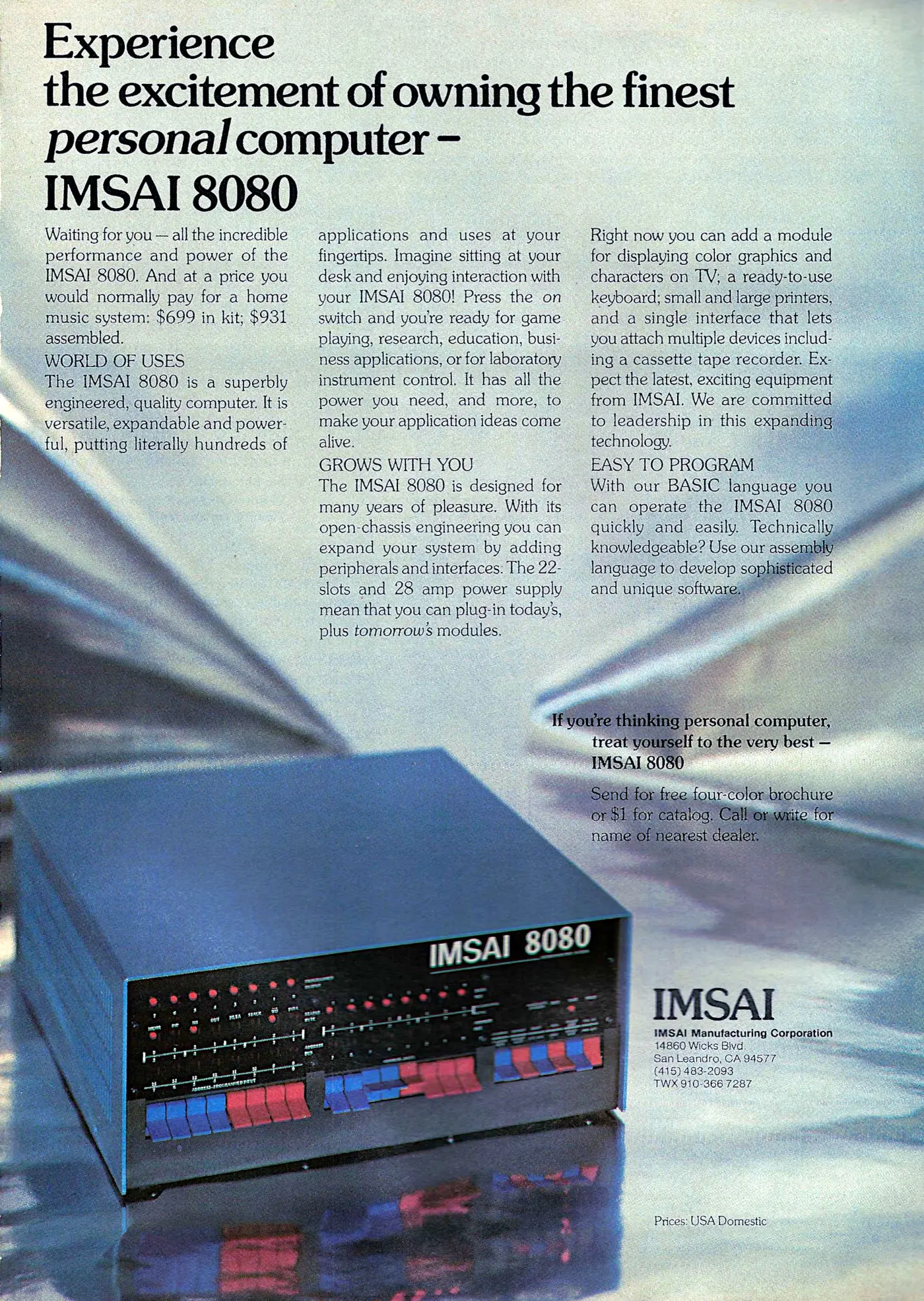 IMSAI Advert: Experience the excitement of owning the finest personal computer - IMSAI 8080, from Byte - The Small Systems Journal, January 1977