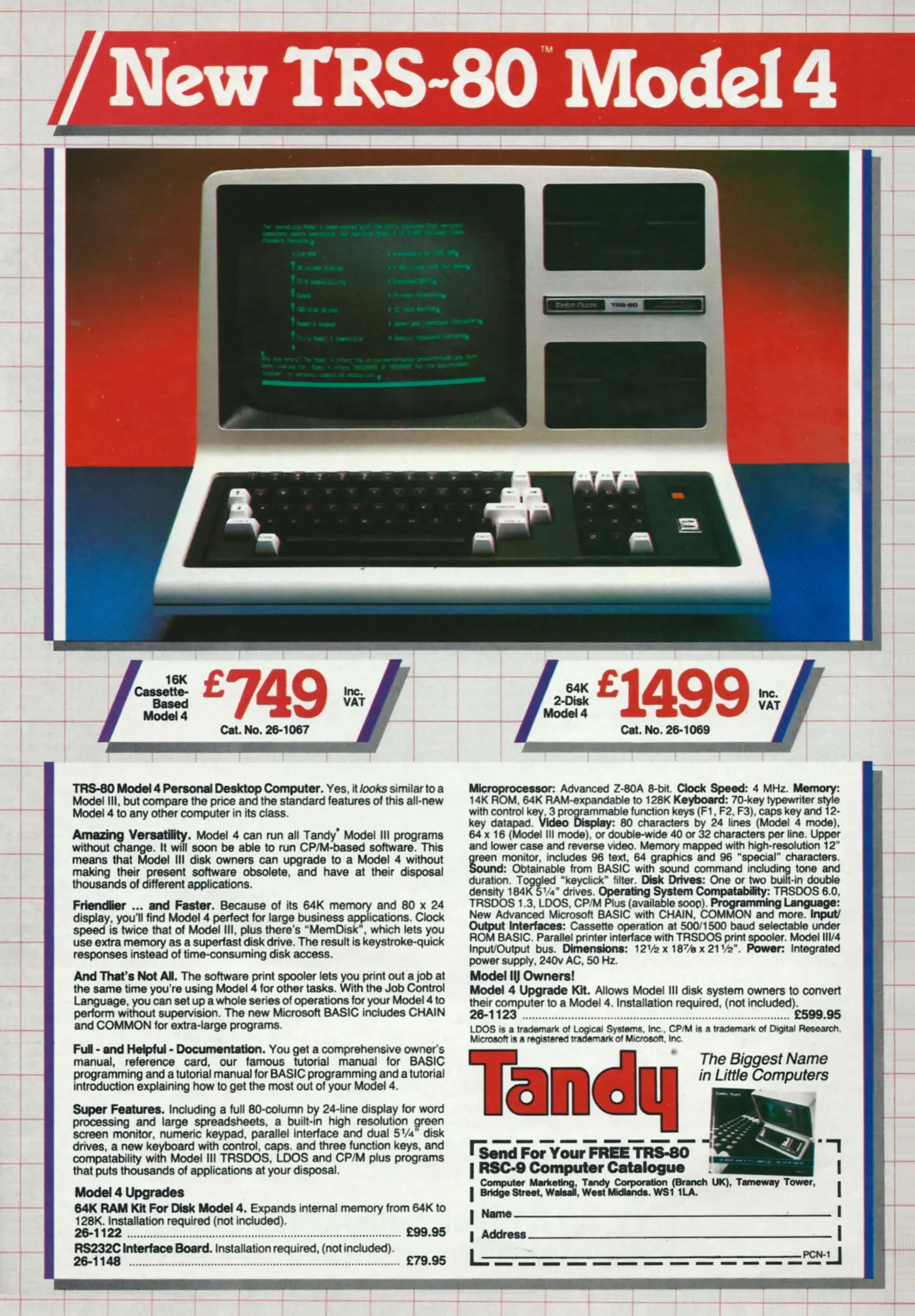 Tandy/Radio Shack Advert: New TRS-80 Model 4 - from Tandy, from Personal Computer News, 18th August 1983