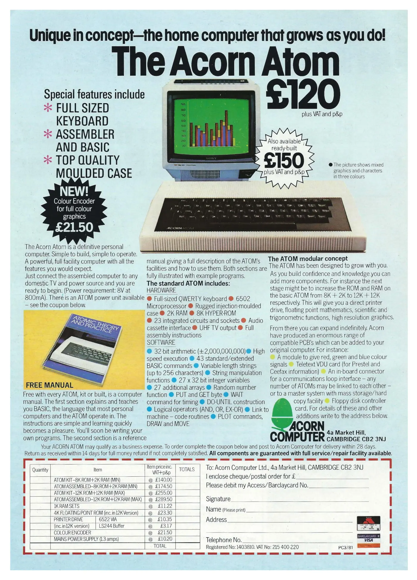 Acorn Advert: Unique in concept - the home computer that grows as you do!, from Practical Computing, March 1981