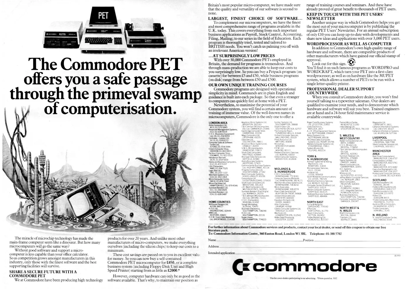 Commodore Advert: The Commodore PET offers you a safe passage through the primeval swamp of computerisation, from Practical Computing, March 1981