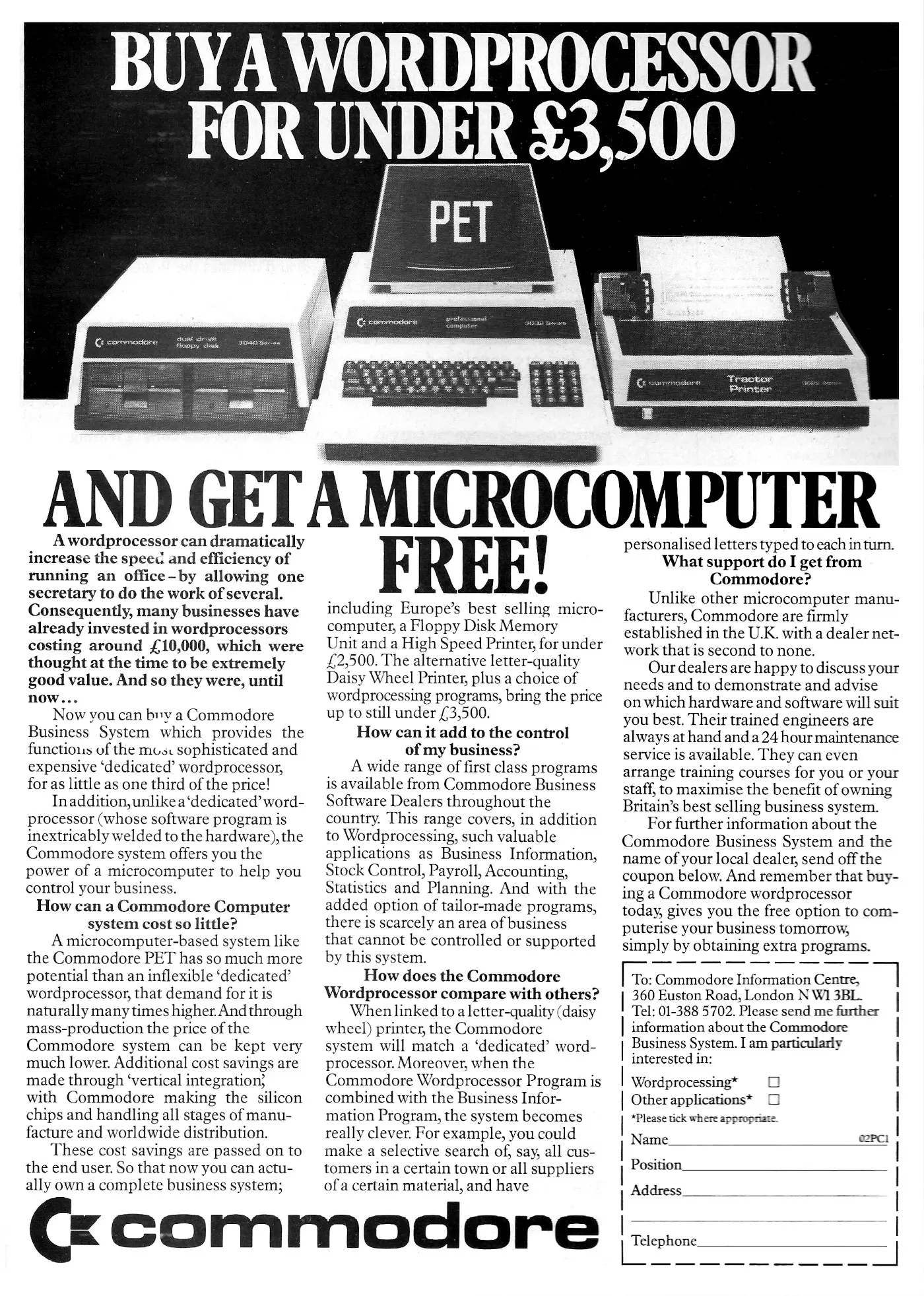 Commodore Advert: <b>Buy a wordprocessor for under £3,500 - and get a microcomputer for free</b>, from Practical Computing, March 1981