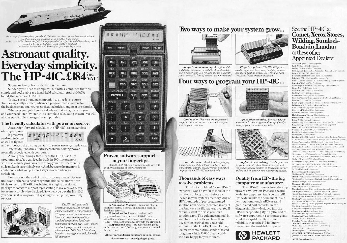 Hewlett-Packard Advert: Astronaut quality. Everyday simplicity. The HP-41C. £184, from Personal Computer World, February 1982