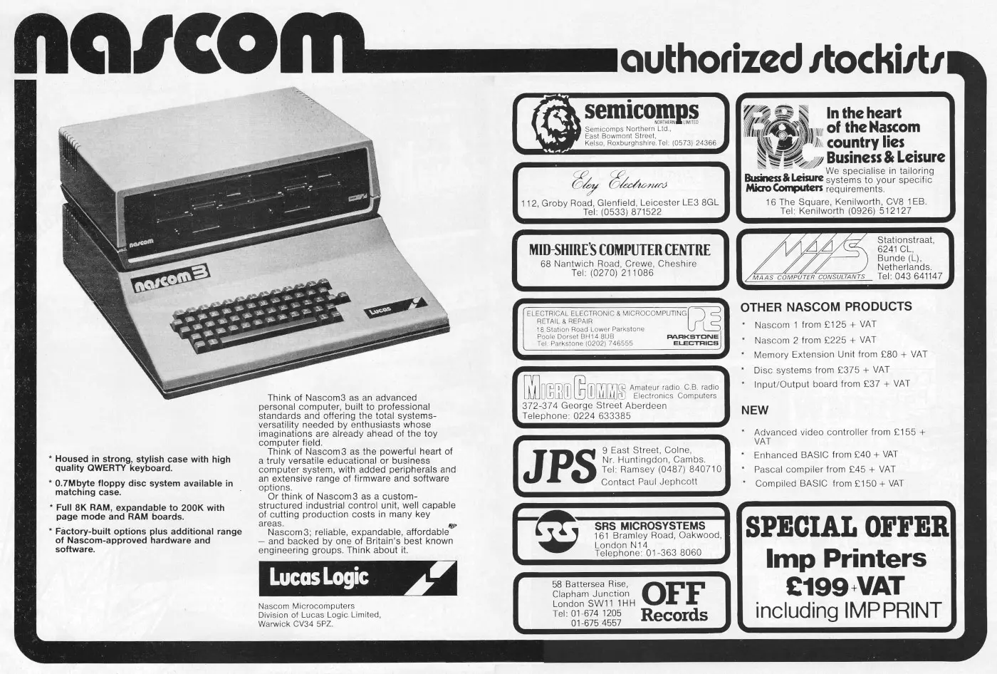 Nascom/Lucas Advert: Nascom 3 - from Lucas Logic, from Personal Computer World, February 1982