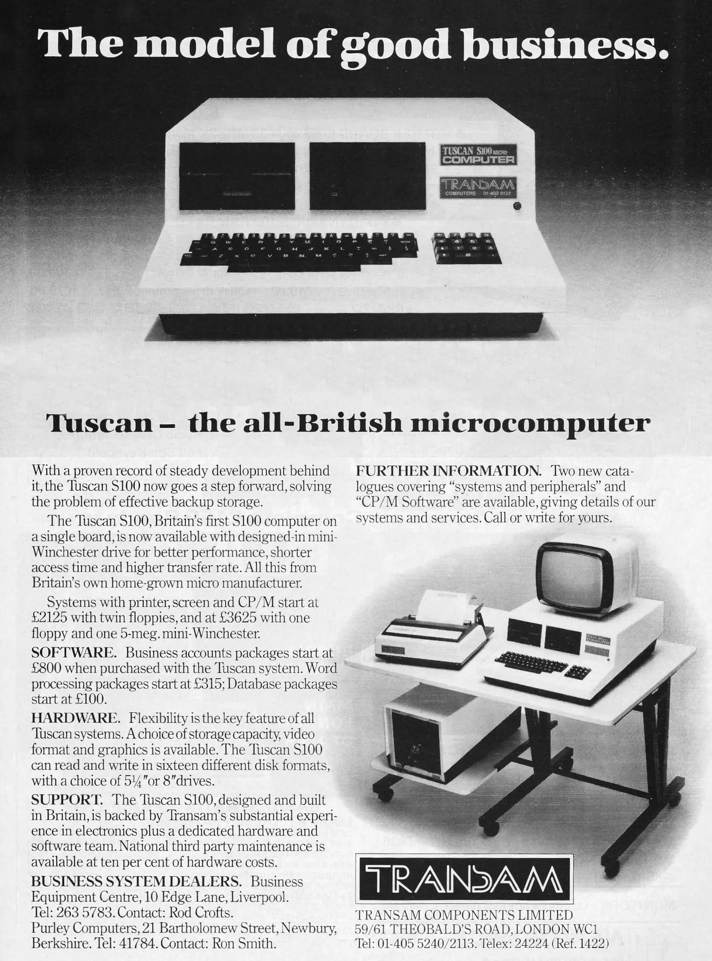 Transam Advert: The model of good business: Tuscan - the all-British microcomputer, from Personal Computer World, February 1982