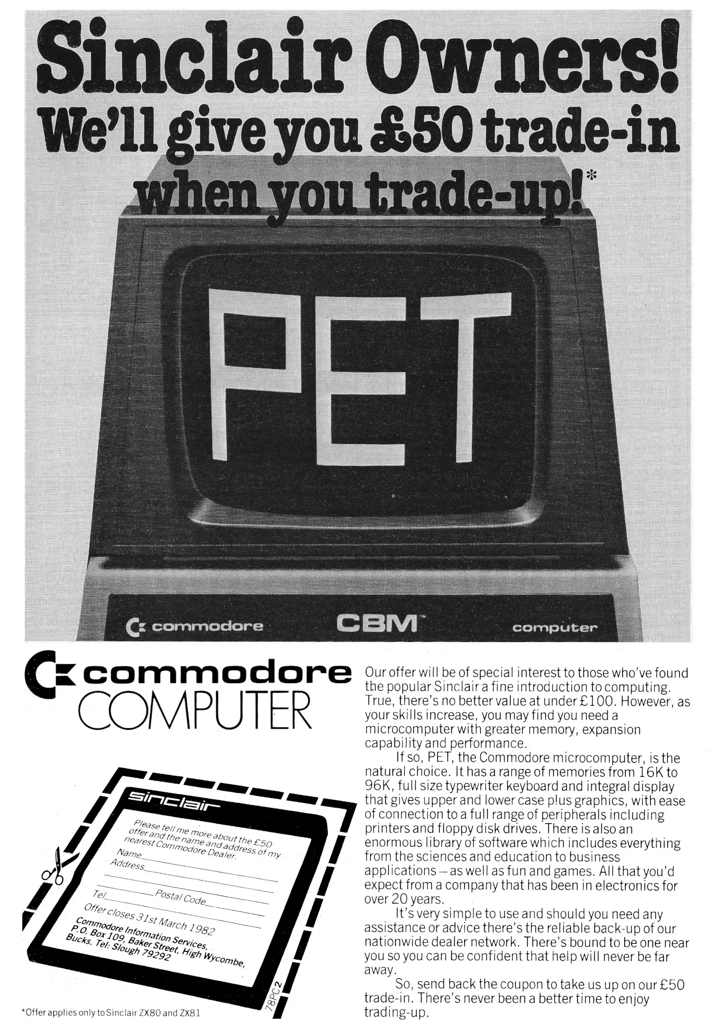 Commodore Advert: Sinclair Owners - We'll give you £50 trade-in when you trade-up!, from Personal Computer World, February 1982