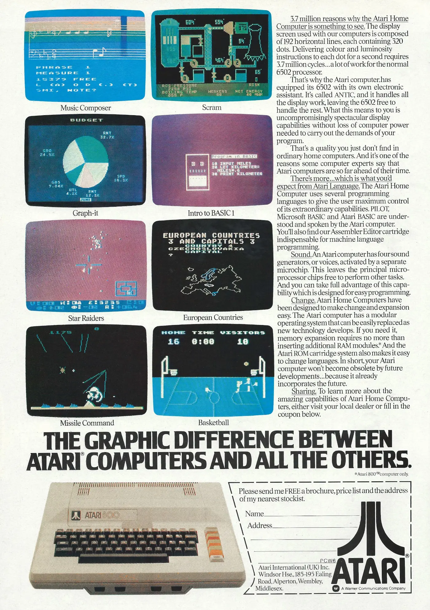 Atari Advert: The Graphic Different Between Atari Computers And All The Others, from Personal Computer World, July 1982