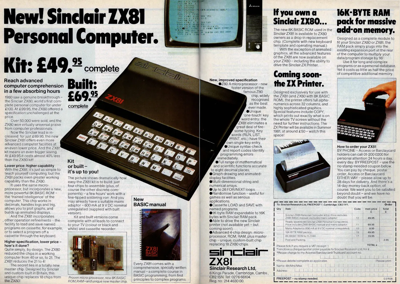 Sinclair Advert: New! Sinclair ZX81 Personal Computer, from Personal Computer World, July 1982