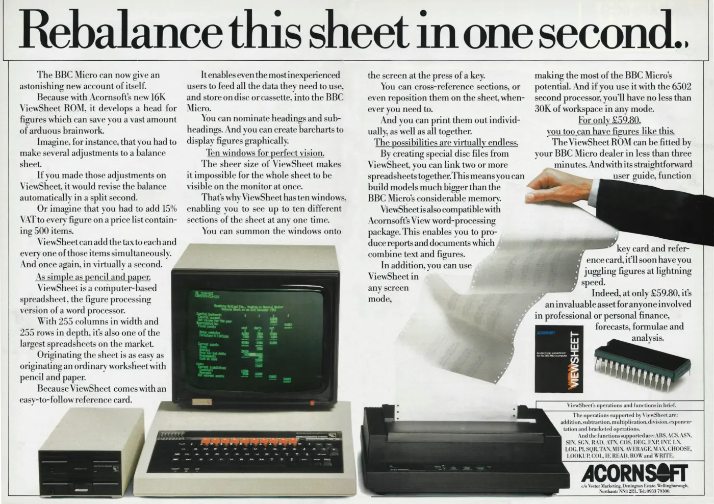 Acorn Advert: Re-balance This Sheet in One Second, from The Micro User, September 1984