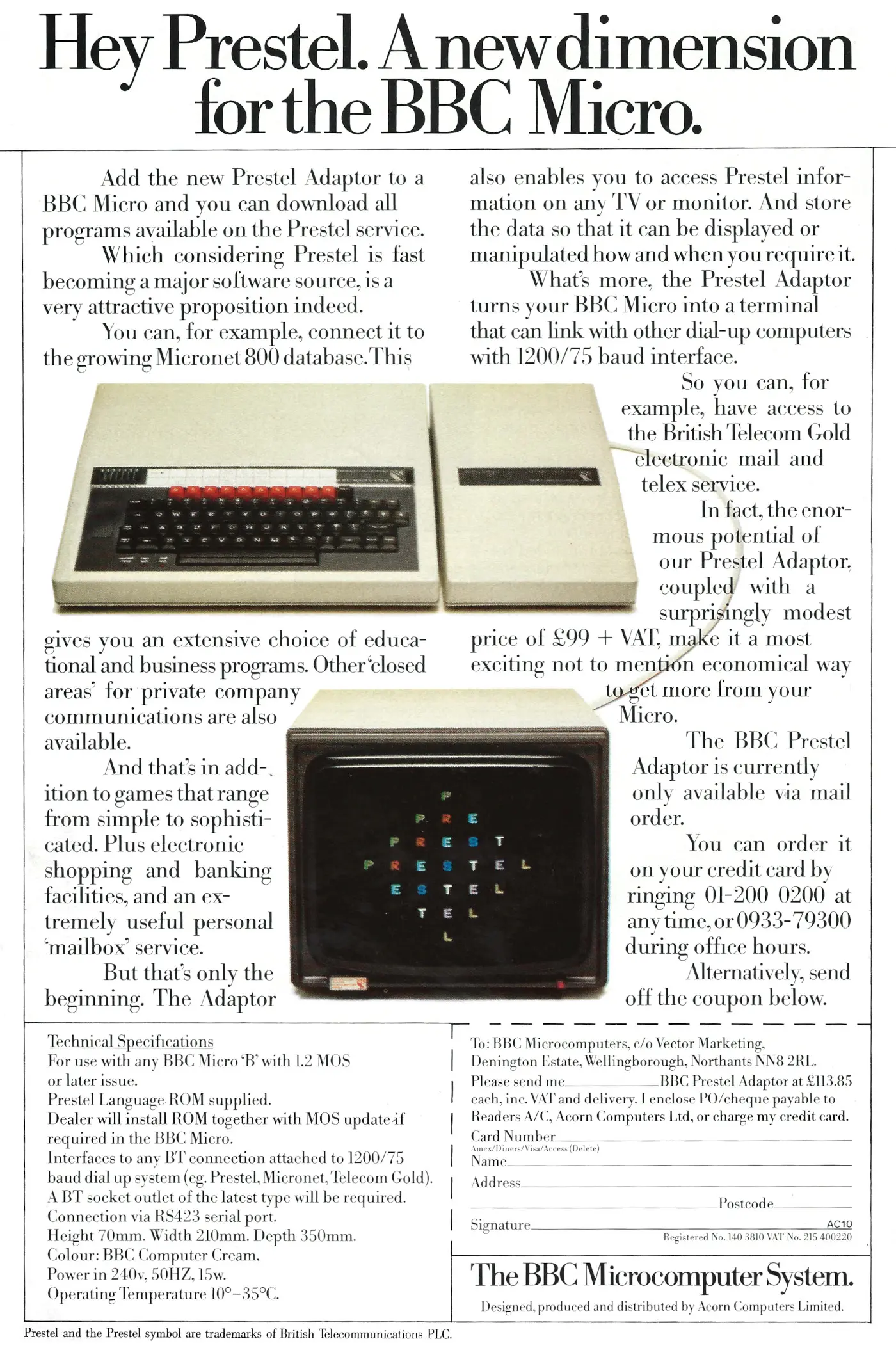 Acorn Advert: Hey Prestel.  A new dimension for the BBC Micro, from The Micro User, September 1984
