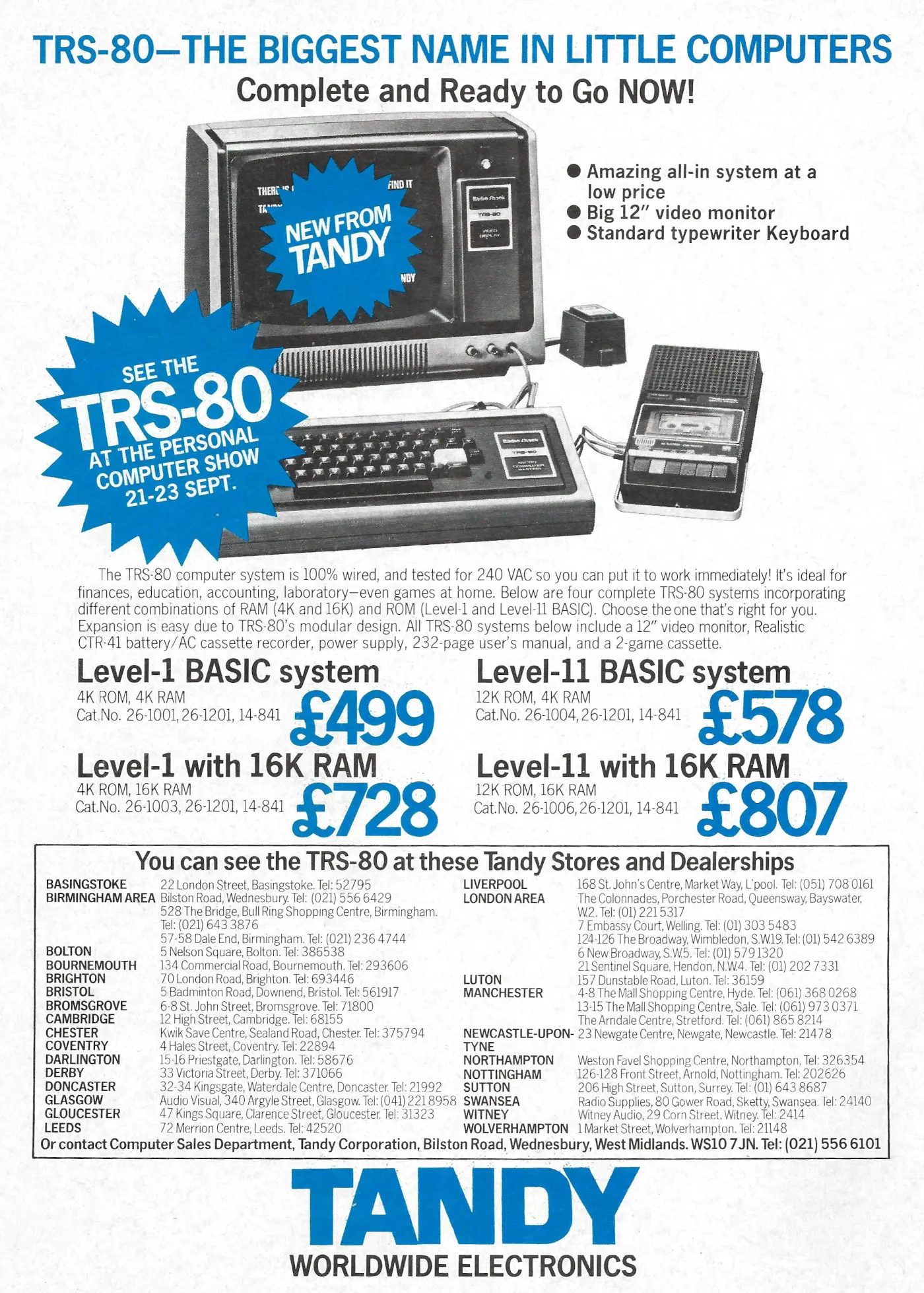 Tandy/Radio Shack Advert: TRS-80 - The biggest name in little computers.  Complete and ready to go NOW!, from Personal Compuer World, October 1978