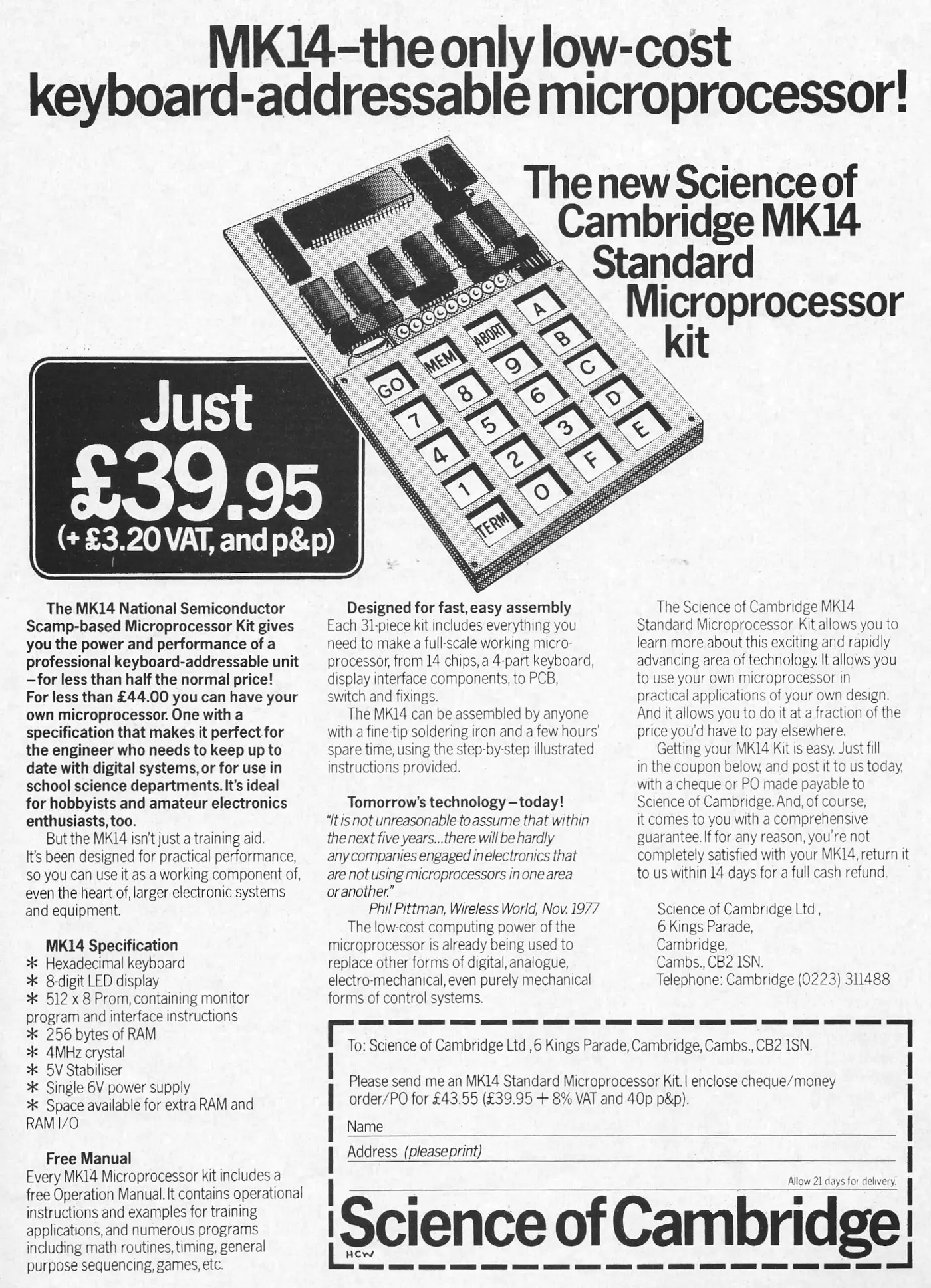 Sinclair Advert: MK14 - the only low-cost keyboard-addressable microprocessor!, from Personal Compuer World, September 1978