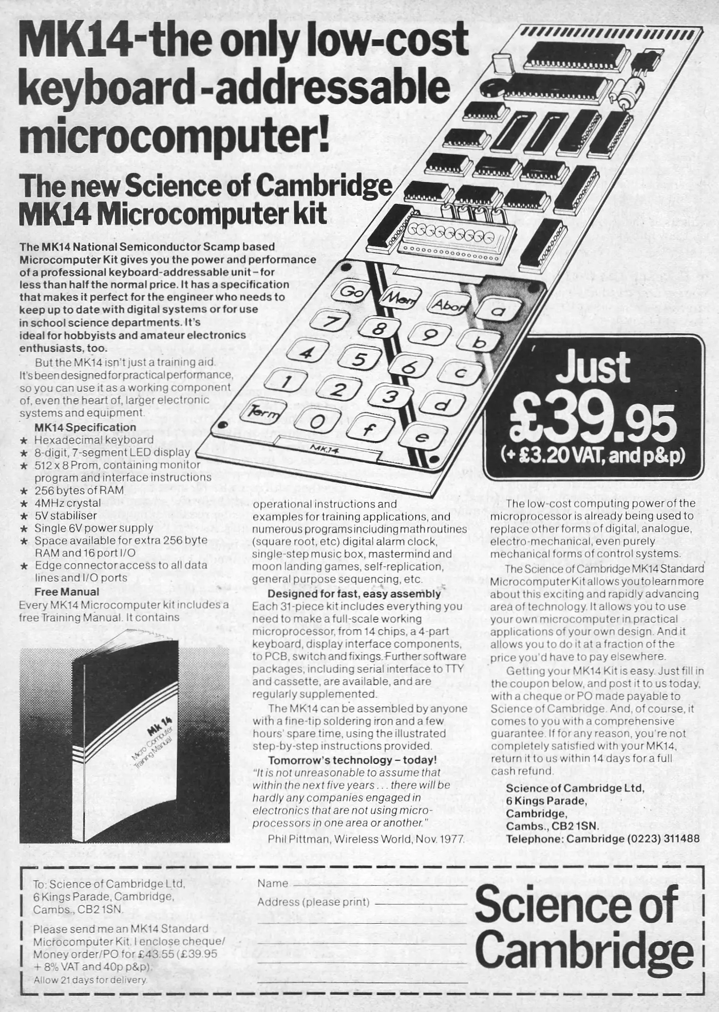 Sinclair Advert: MK14 - the only low-cost keyboard-addressable microcomputer!, from Electronics Today, June 1978