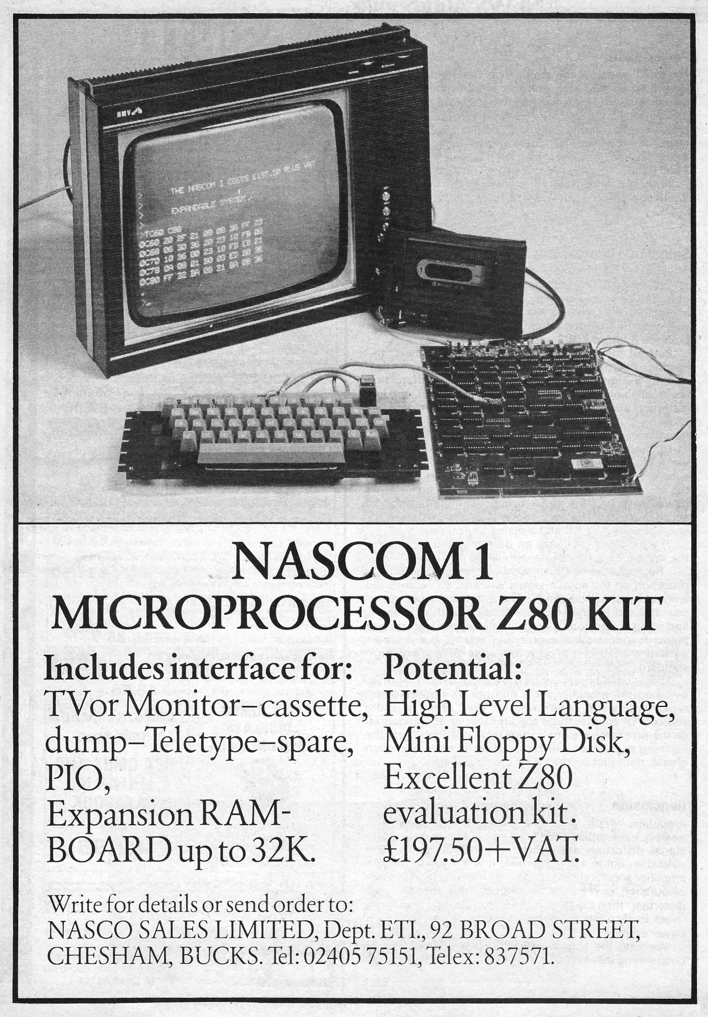 Nascom/Lucas Advert: Nascom 1 Microprocessor Z80 kit, from Electronics Today, June 1978